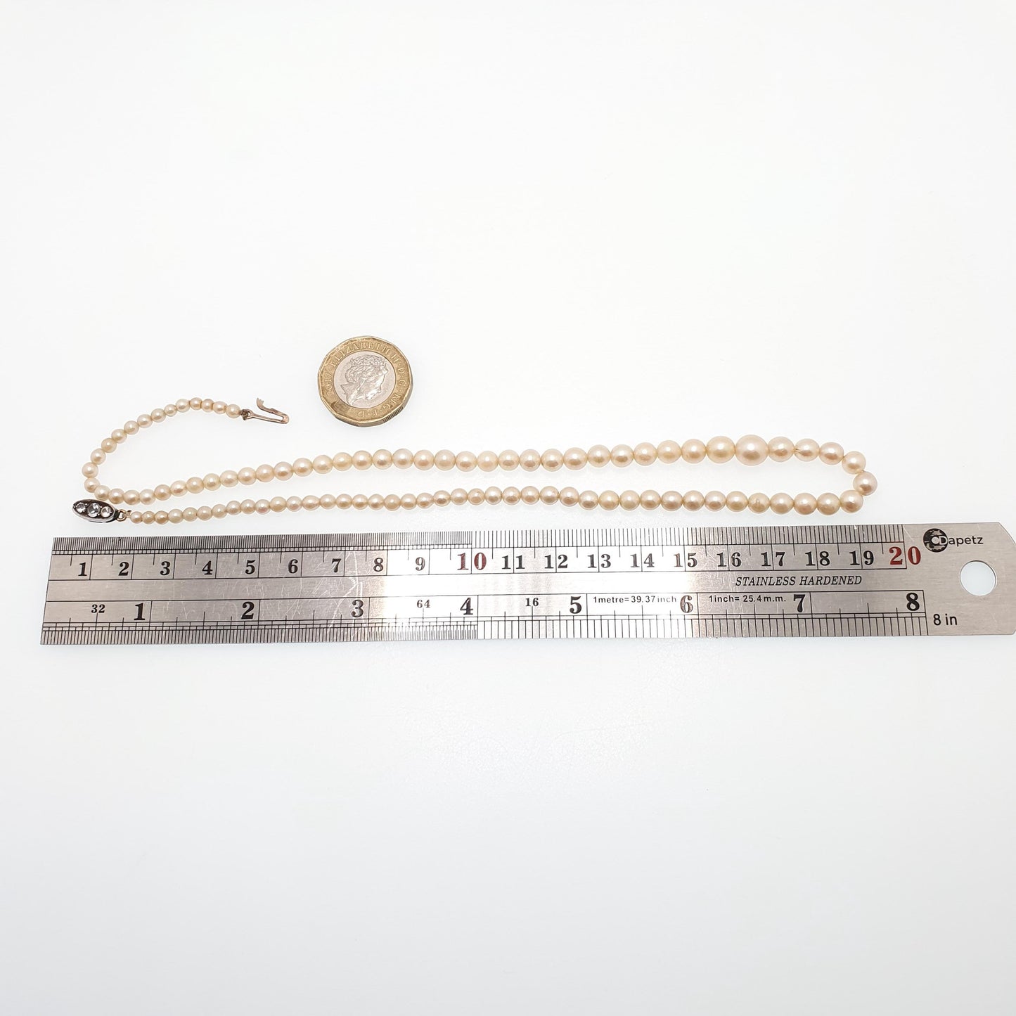 Antique White Sapphire Cultured Pearl Necklace 9ct Gold & Solid Silver Clasp Victorian 14.42g 42cm Vintage Genuine Real Pearls