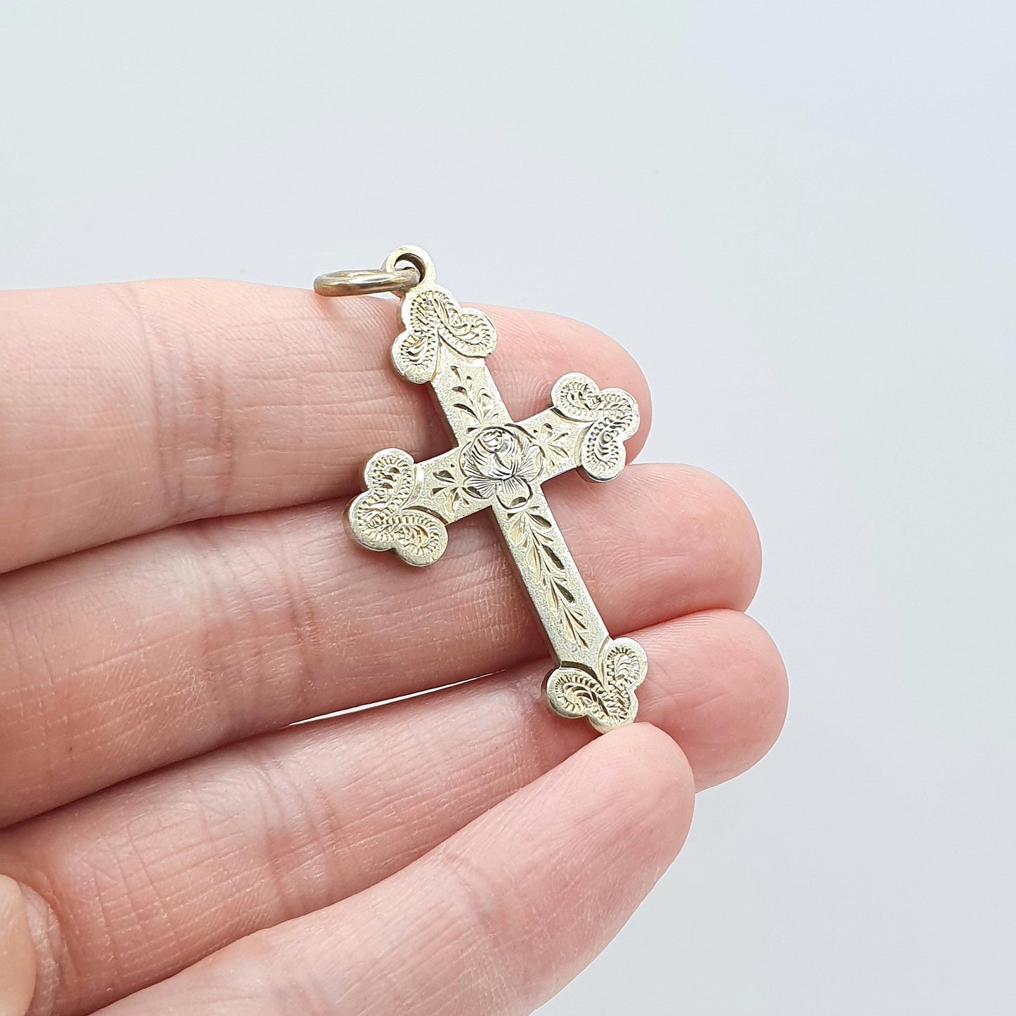 Antique Victorian Sterling Silver Bulbed Cross Crucifix Pendant Gold Vermiel Womens Unisex Jewelry Jewellery Necklace Religious
