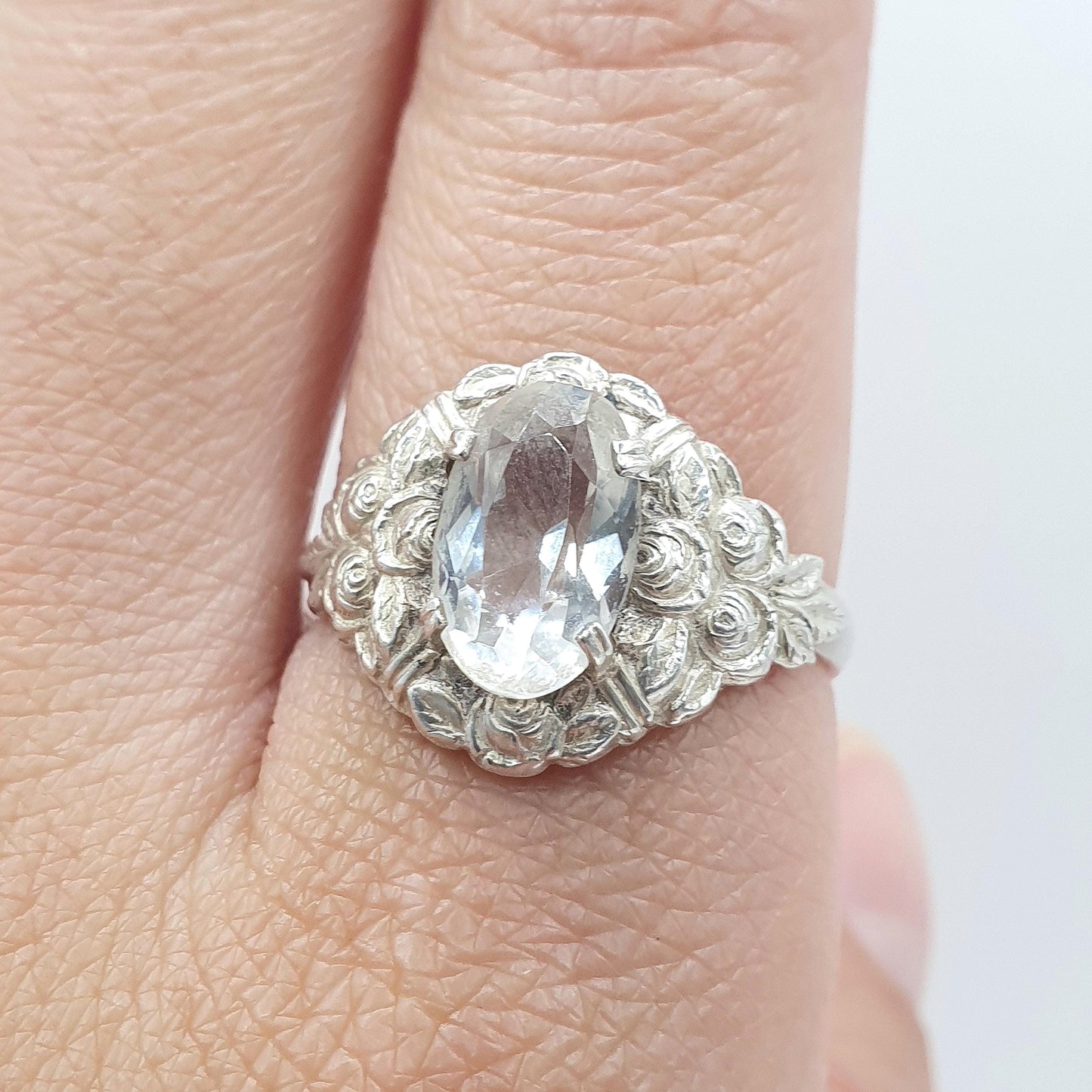Antique Arts and Crafts Solid Silver Rock Crystal Quartz Ring Rose Border Gemstone Genuine Cocktail Jewellery Jewelry Vintage UK S US 9