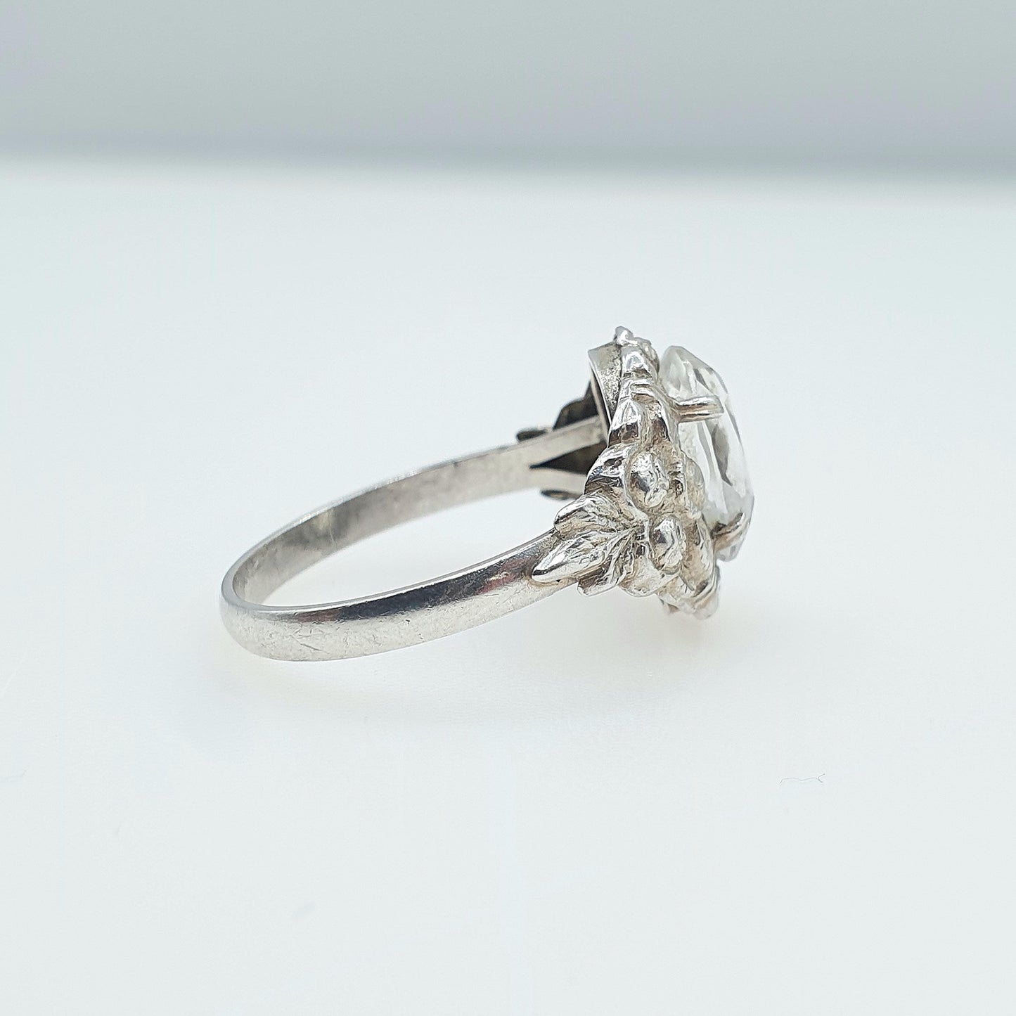 Antique Arts and Crafts Solid Silver Rock Crystal Quartz Ring Rose Border Gemstone Genuine Cocktail Jewellery Jewelry Vintage UK S US 9