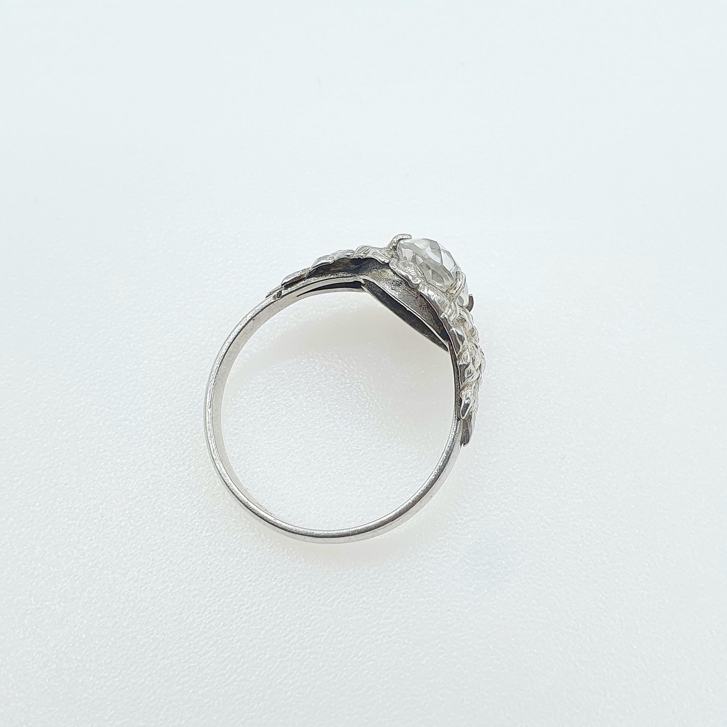 Antique Arts and Crafts Solid Silver Rock Crystal Quartz Ring Rose Border Gemstone Genuine Cocktail Jewellery Jewelry Vintage UK S US 9