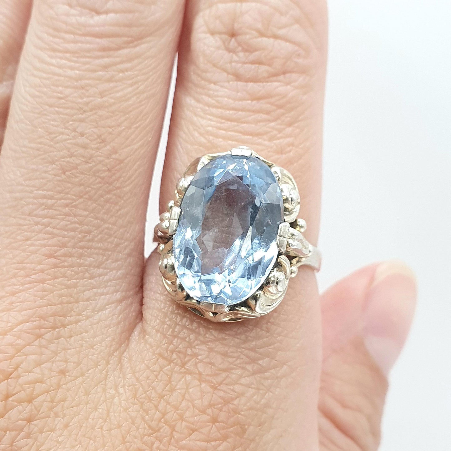 Antique Art Deco Solid Silver Swiss Topaz Ring Sky Blue Large Oval Cut Womens Mens Vintage Jewelry Jewellery UK R US 8.5
