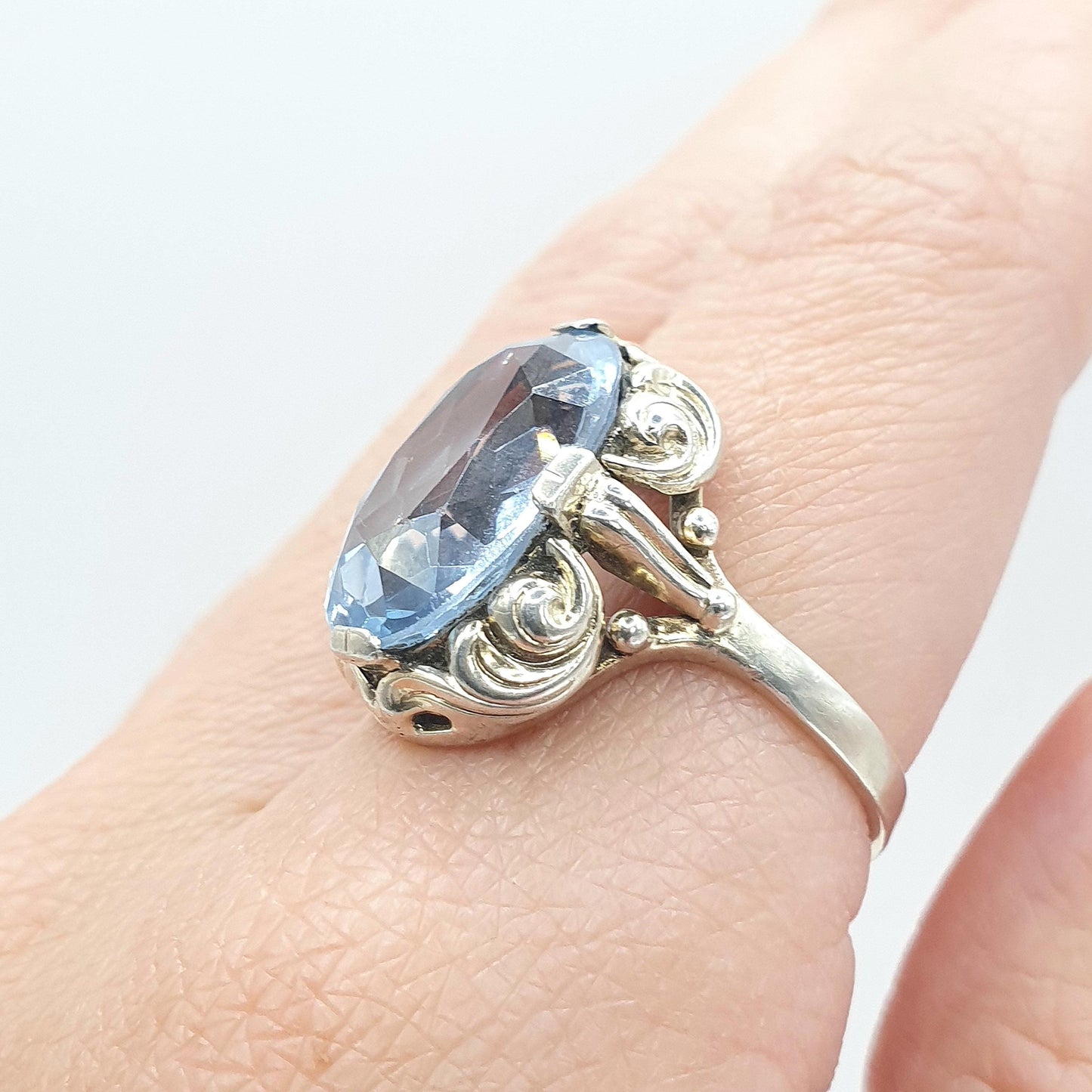 Antique Art Deco Solid Silver Swiss Topaz Ring Sky Blue Large Oval Cut Womens Mens Vintage Jewelry Jewellery UK R US 8.5