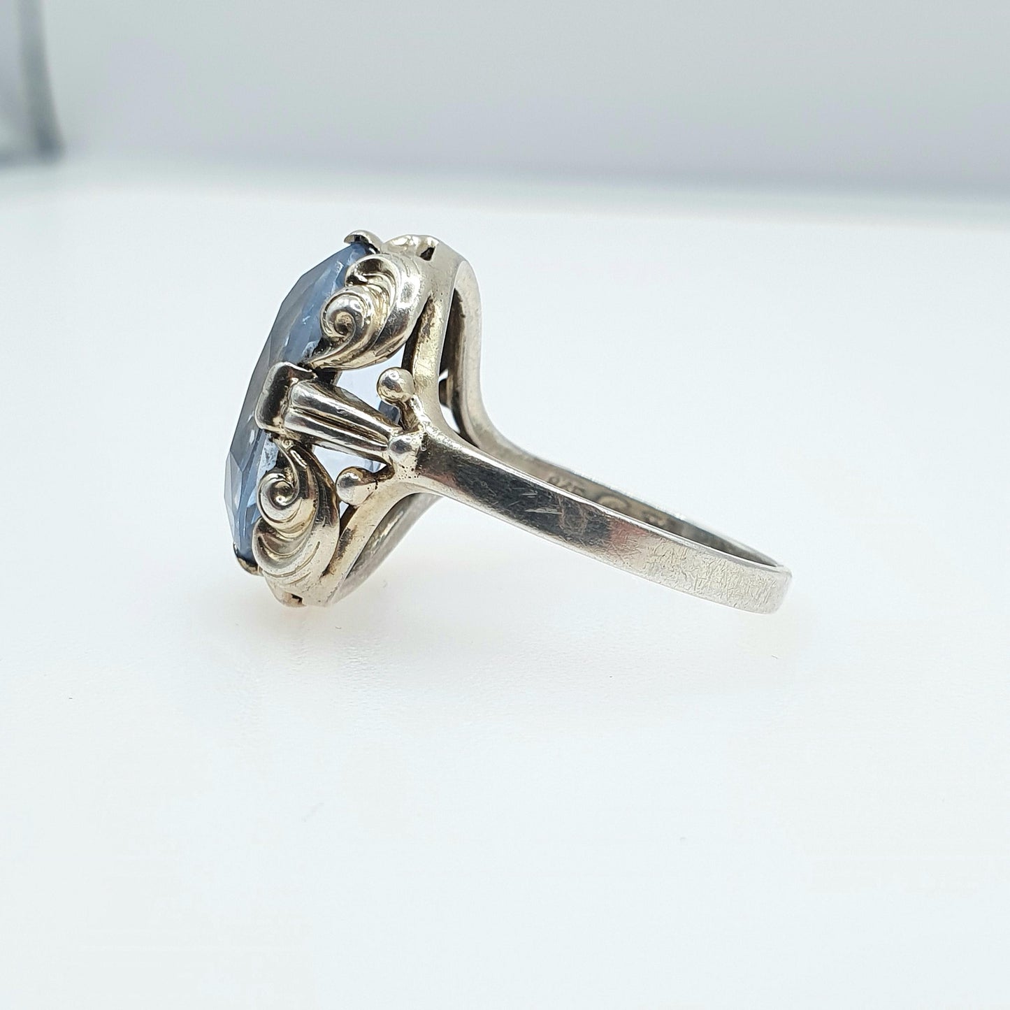 Antique Art Deco Solid Silver Swiss Topaz Ring Sky Blue Large Oval Cut Womens Mens Vintage Jewelry Jewellery UK R US 8.5
