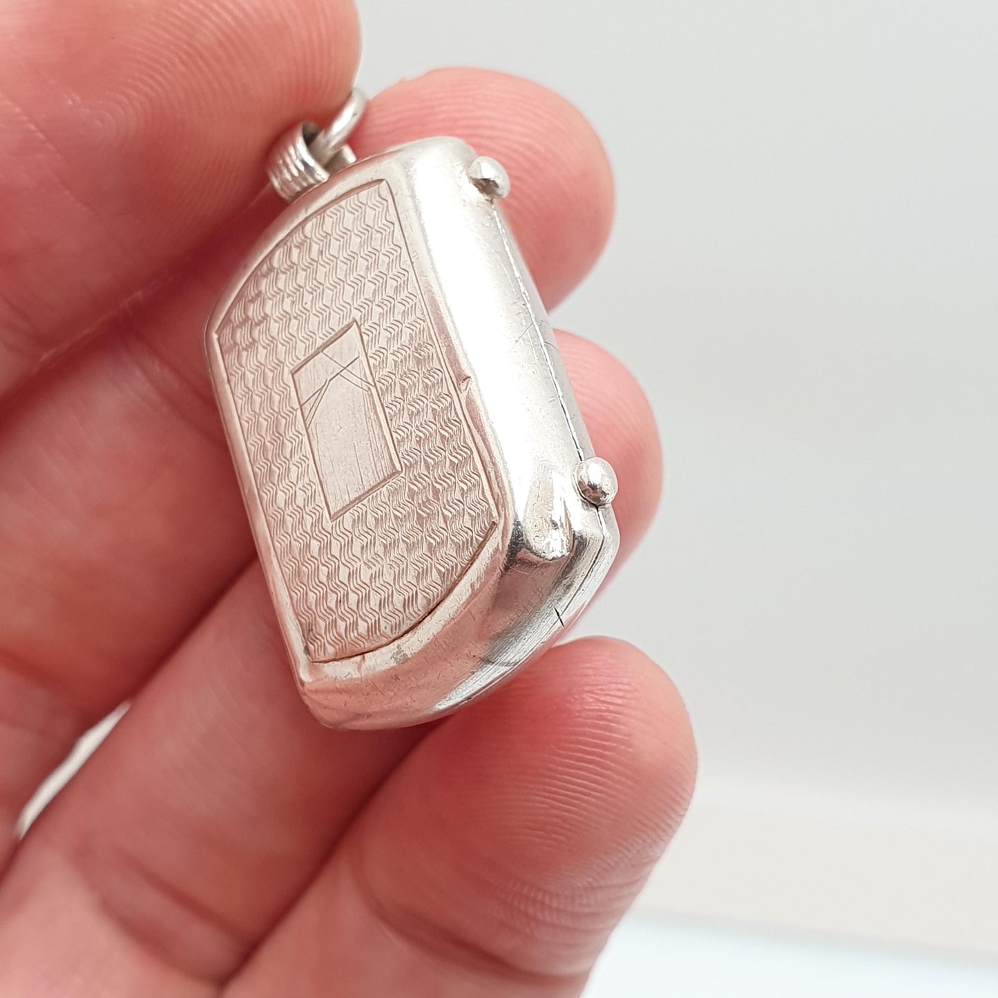 Antique Solid Silver Locket Rectangular Art Deco Engine Turned Geometric Rounded Picture Pendant Photo Vintage Jewelry Jewellery
