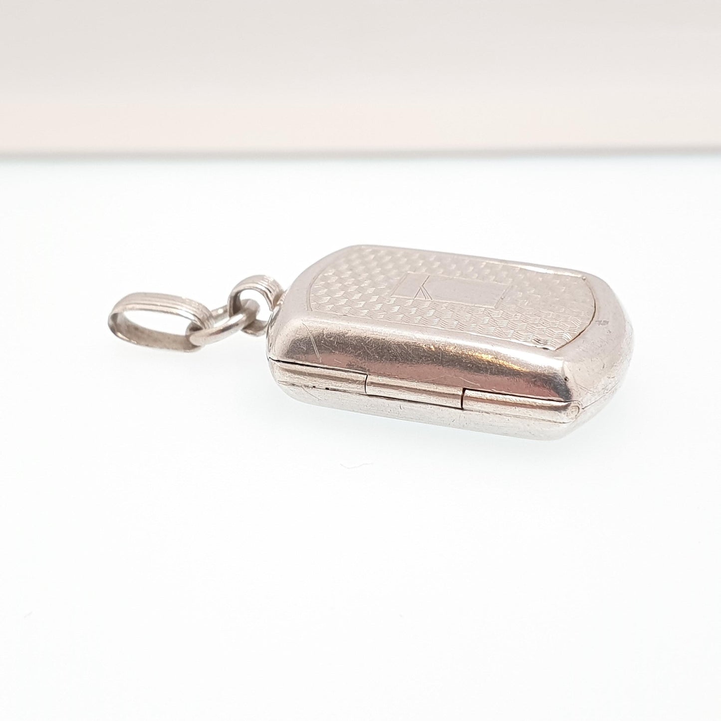 Antique Solid Silver Locket Rectangular Art Deco Engine Turned Geometric Rounded Picture Pendant Photo Vintage Jewelry Jewellery