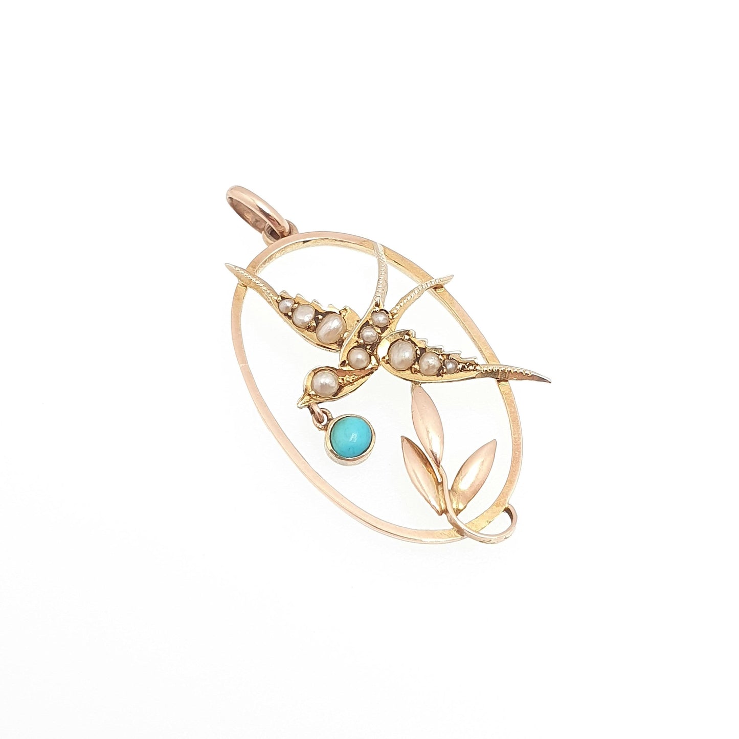 Antique 9ct Gold Bird Pendant Turquoise Seed Pearl Necklace Solid 9k Edwardian Swallow Vintage Jewellery Jewelry