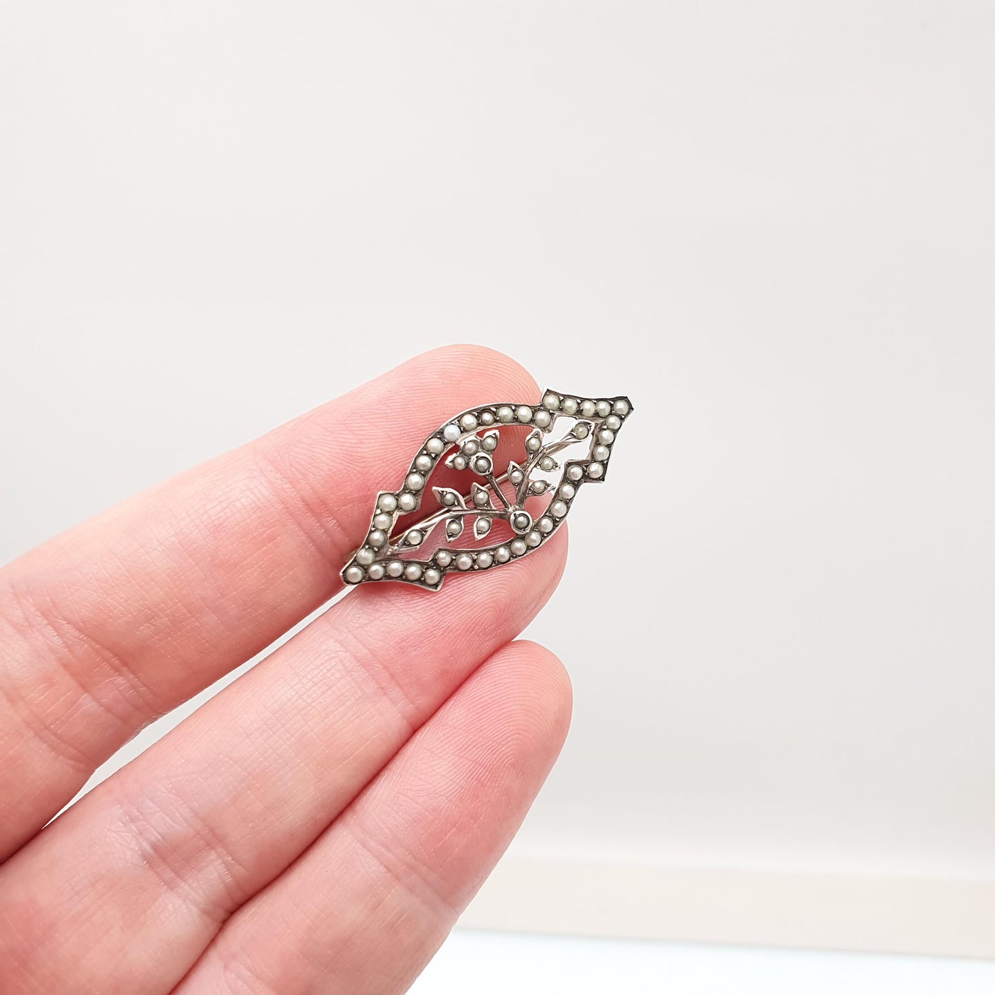 Antique Solid Silver Seed Pearl Brooch Victorian Art Nouveau Floral Flower 1800s Vintage Womens Jewelry Jewellery
