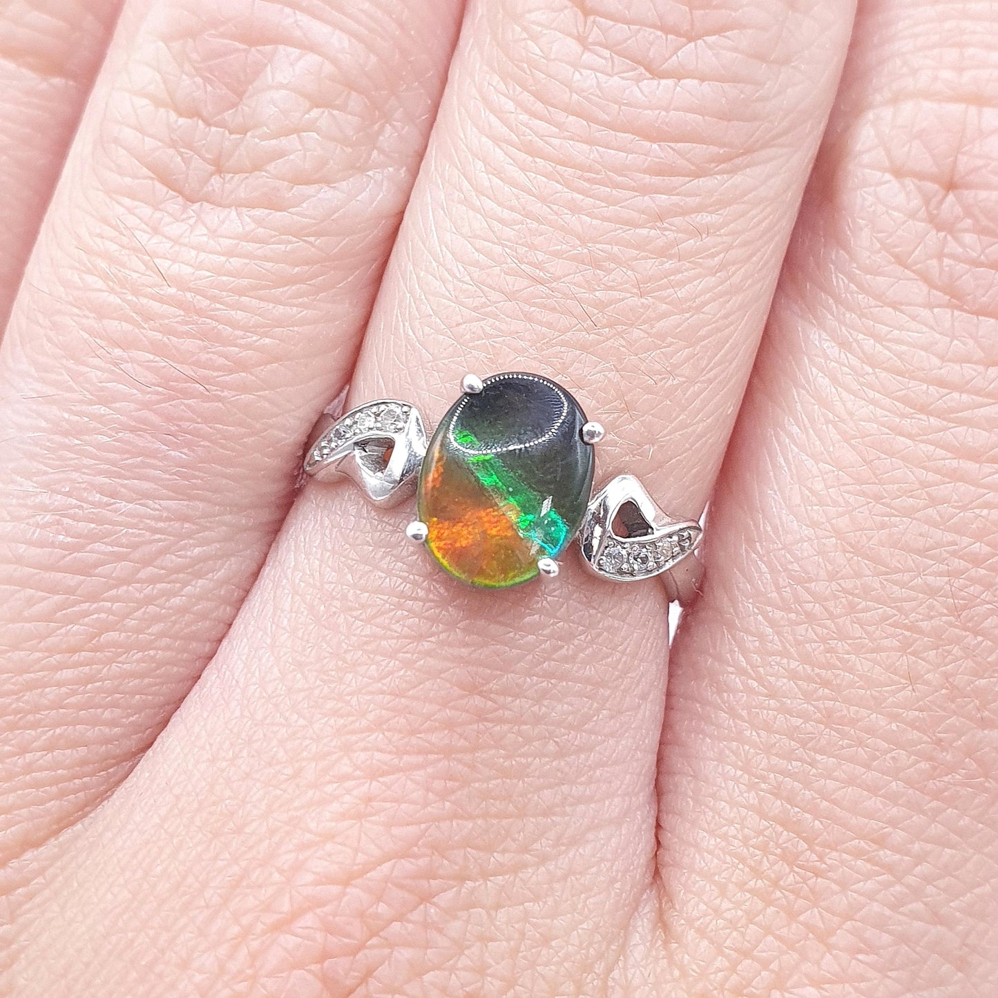 Vintage Sterling Silver Ammolite Ring Doublet Ammonite Fossil White Spinel Shoulder Womens Vintage Ladies Jewelry Jewellery UK N US 6.75