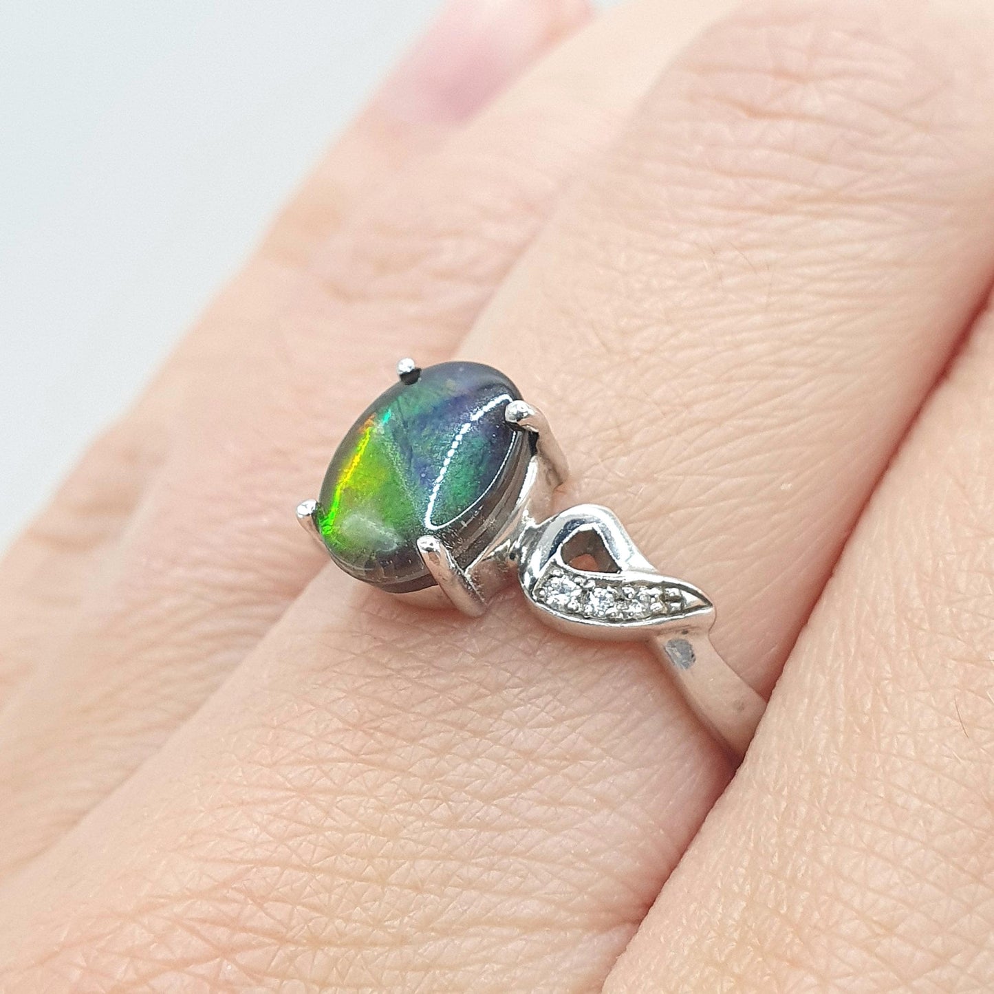 Vintage Sterling Silver Ammolite Ring Doublet Ammonite Fossil White Spinel Shoulder Womens Vintage Ladies Jewelry Jewellery UK N US 6.75