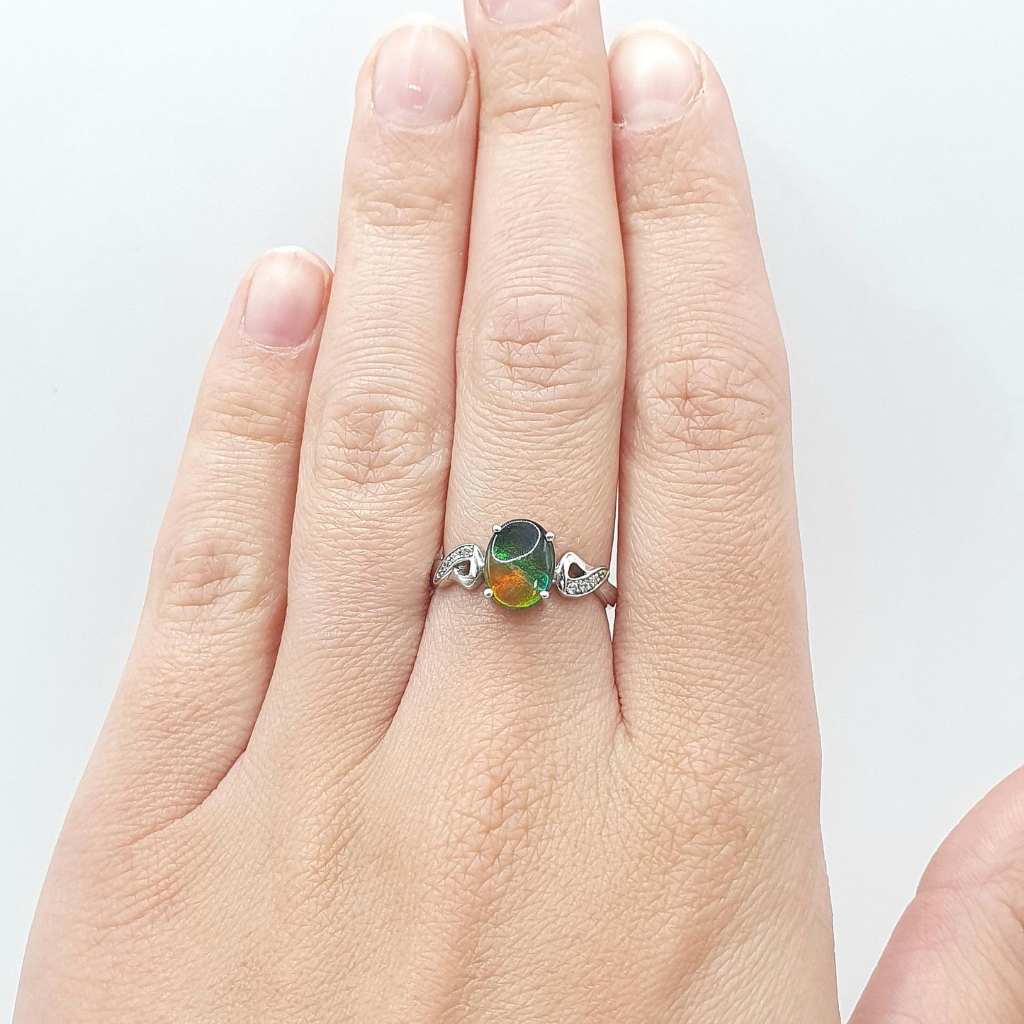 Vintage Sterling Silver Ammolite Ring Doublet Ammonite Fossil White Spinel Shoulder Womens Vintage Ladies Jewelry Jewellery UK N US 6.75