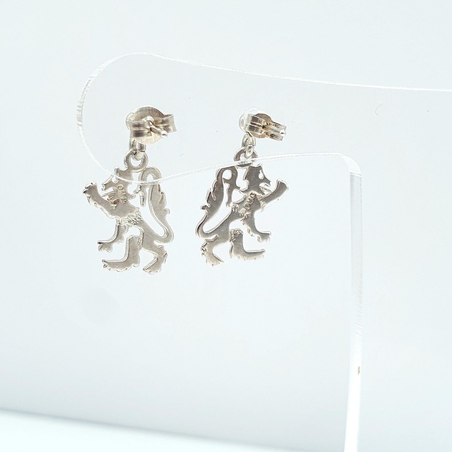 Vintage OLA M GORIE Sterling Silver Rampant Lion Earrings OMG Scottish Hanging Stud Womens Jewelry Jewellery