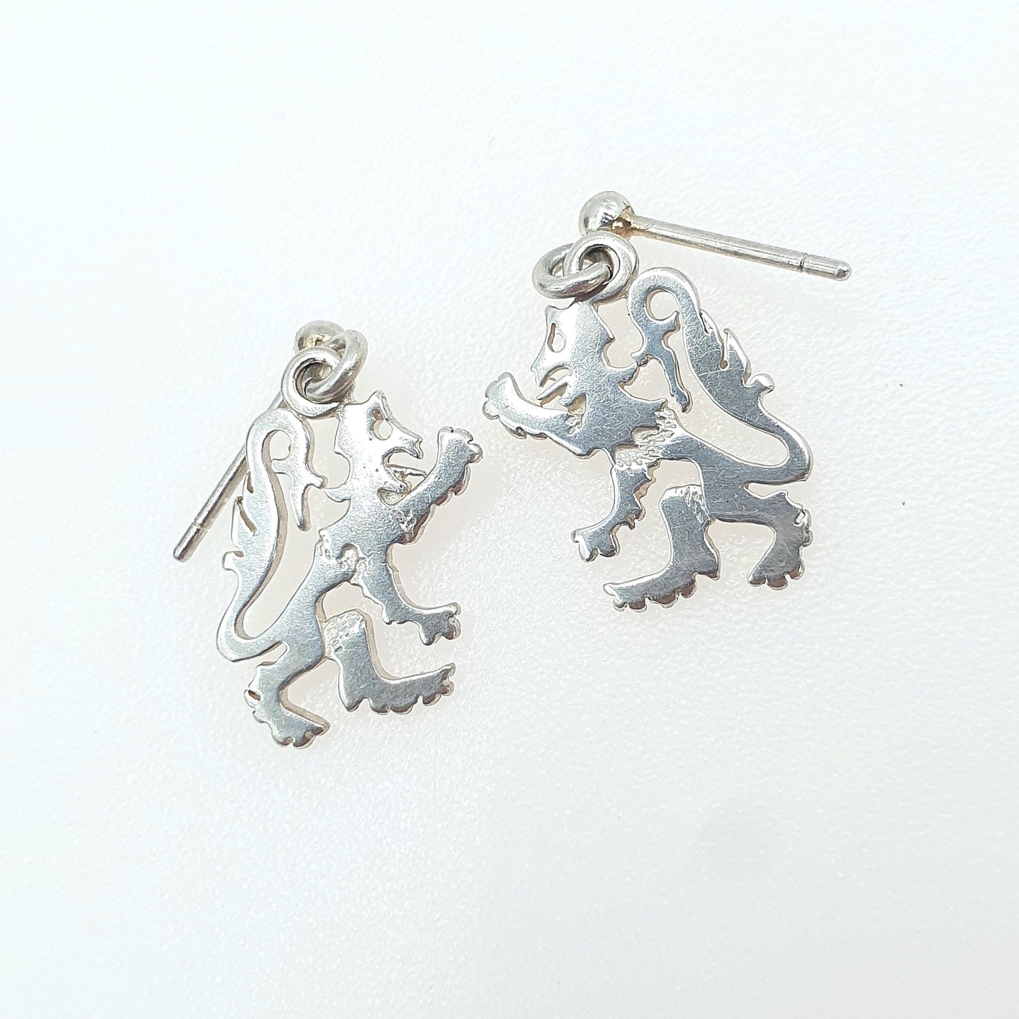 Vintage OLA M GORIE Sterling Silver Rampant Lion Earrings OMG Scottish Hanging Stud Womens Jewelry Jewellery