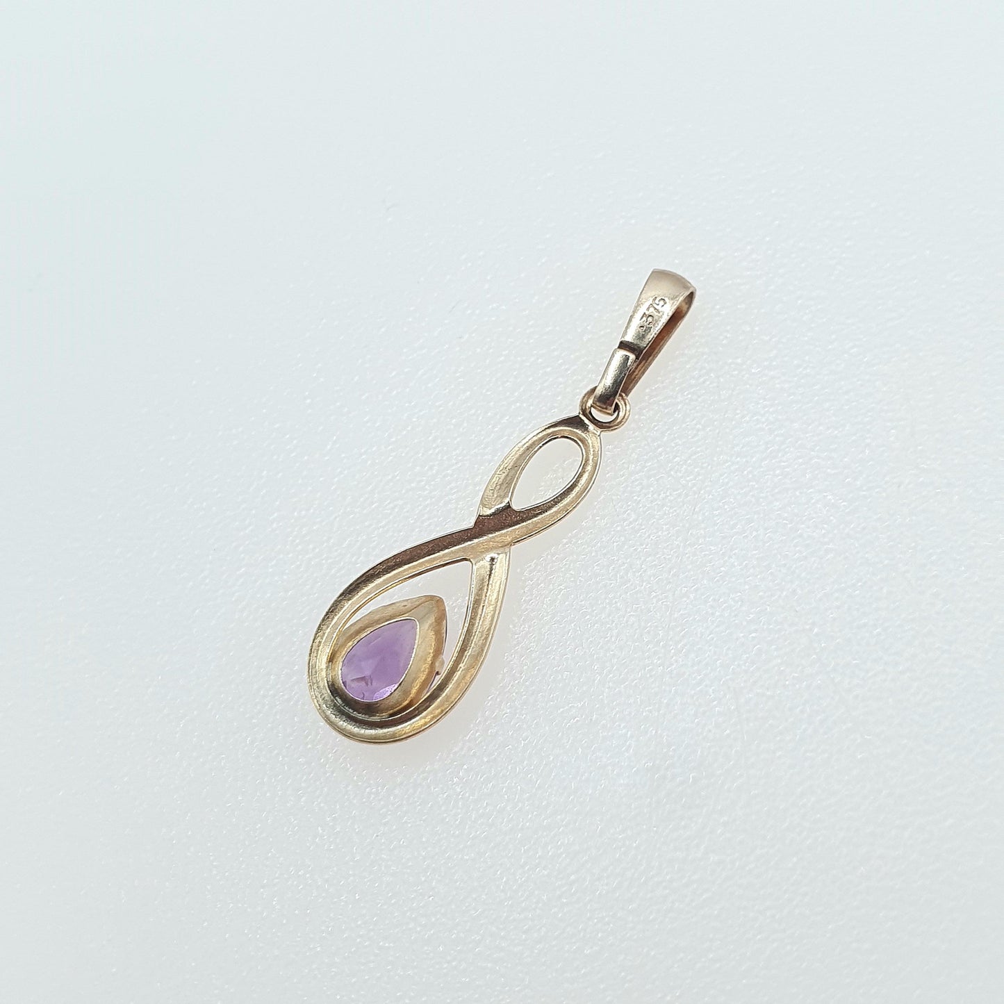 Vintage 9ct Gold Amethyst Pendant Figure 8 Shape Pear Cut Small Tiny Cute Purple Carat Womens Ladies Jewellery Jewelry