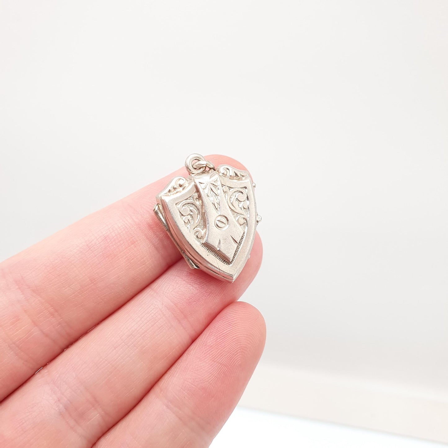 Antique Solid Silver Shield Locket Victorian Necklace Vintage Pendant Scroll Embossed Jewelry Jewellery