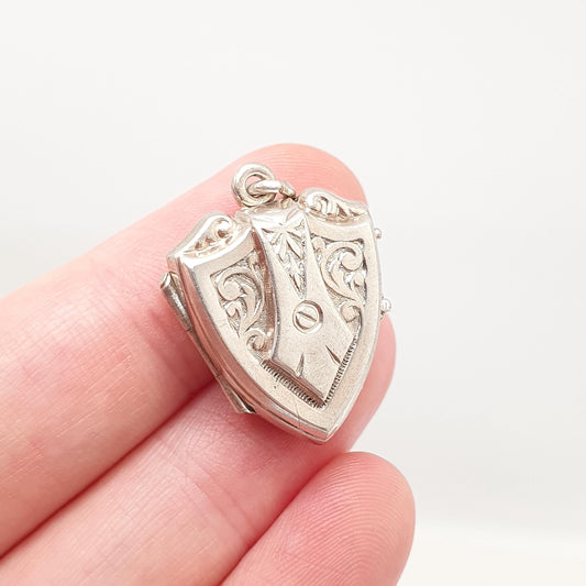 Antique Solid Silver Shield Locket Victorian Necklace Vintage Pendant Scroll Embossed Jewelry Jewellery