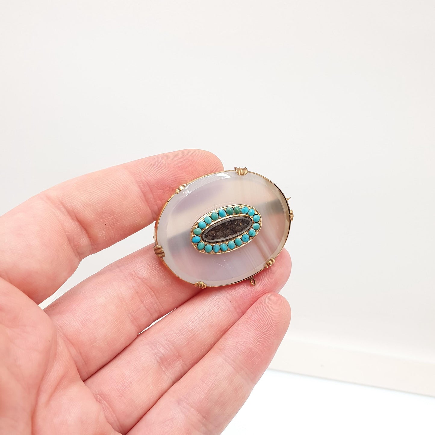 Antique Victorian Rolled Gold Turquoise Brooch White Chalcedony Mourning Locket Vintage Natural Jewelry Jewellery
