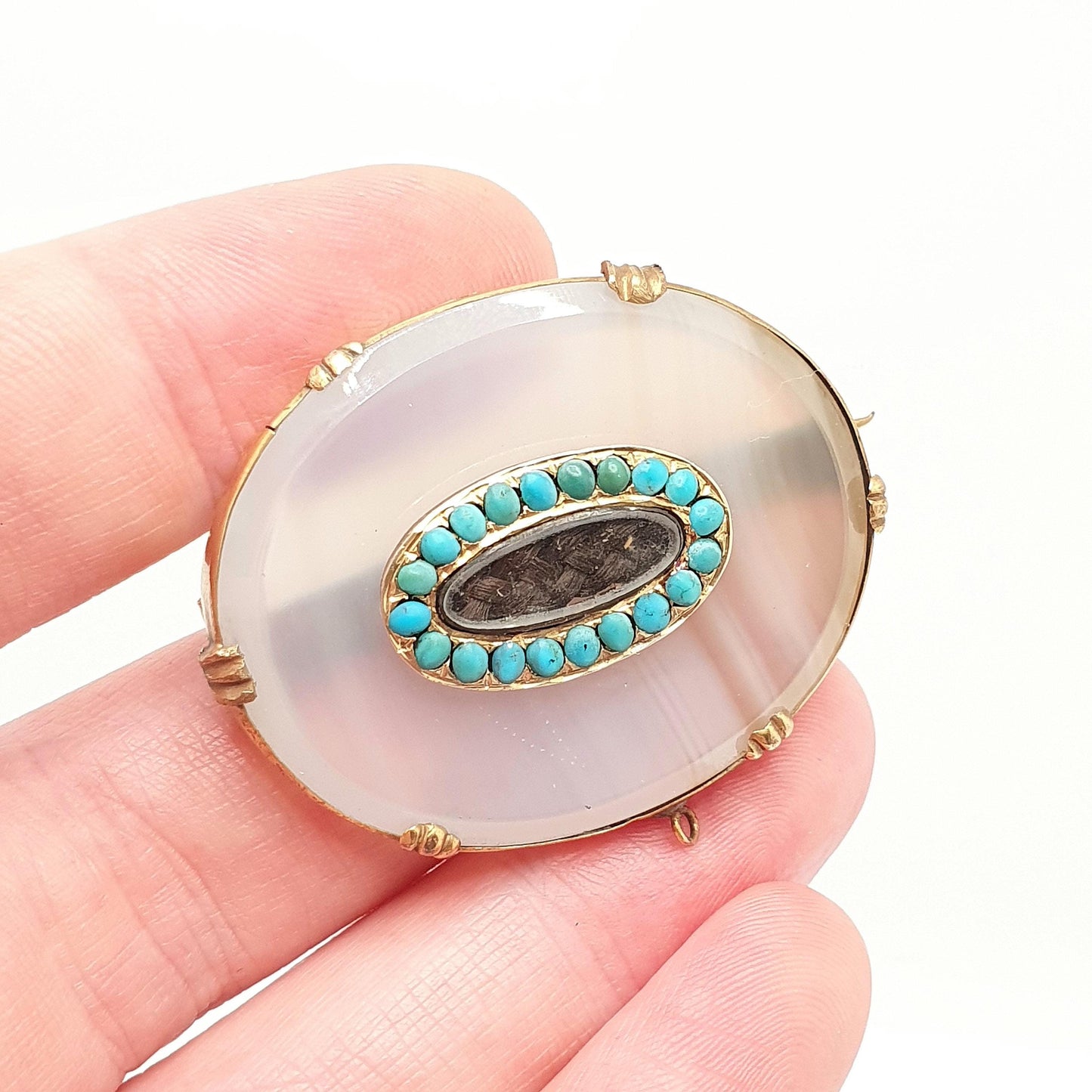 Antique Victorian Rolled Gold Turquoise Brooch White Chalcedony Mourning Locket Vintage Natural Jewelry Jewellery