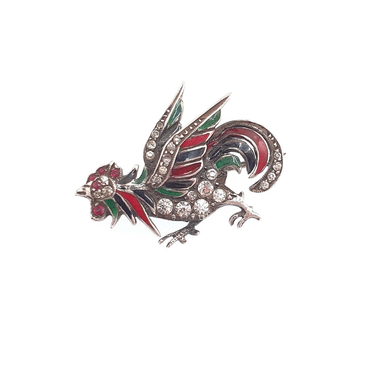Antique Solid Silver Rooster Cockerel Bird Brooch Ruby Paste Diamond Pastes Enamel Victorian Chicken