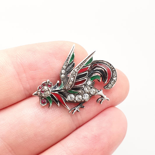Antique Solid Silver Rooster Cockerel Bird Brooch Ruby Paste Diamond Pastes Enamel Victorian Chicken