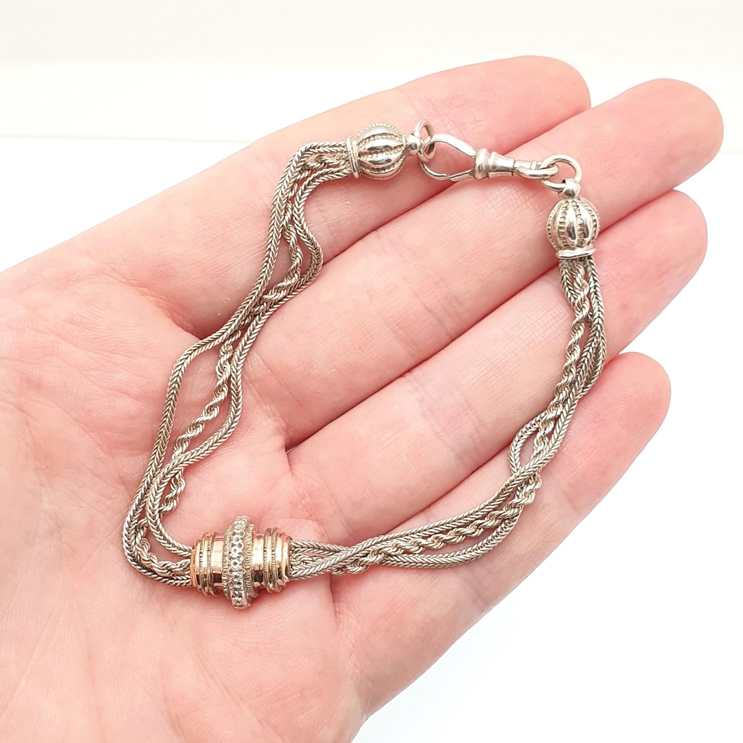 Antique Solid Silver Albertina Bracelet Victorian Rose Gold Slider Dog Clip 11.63g 21.5cm Vintage Womens Jewelry Jewellery