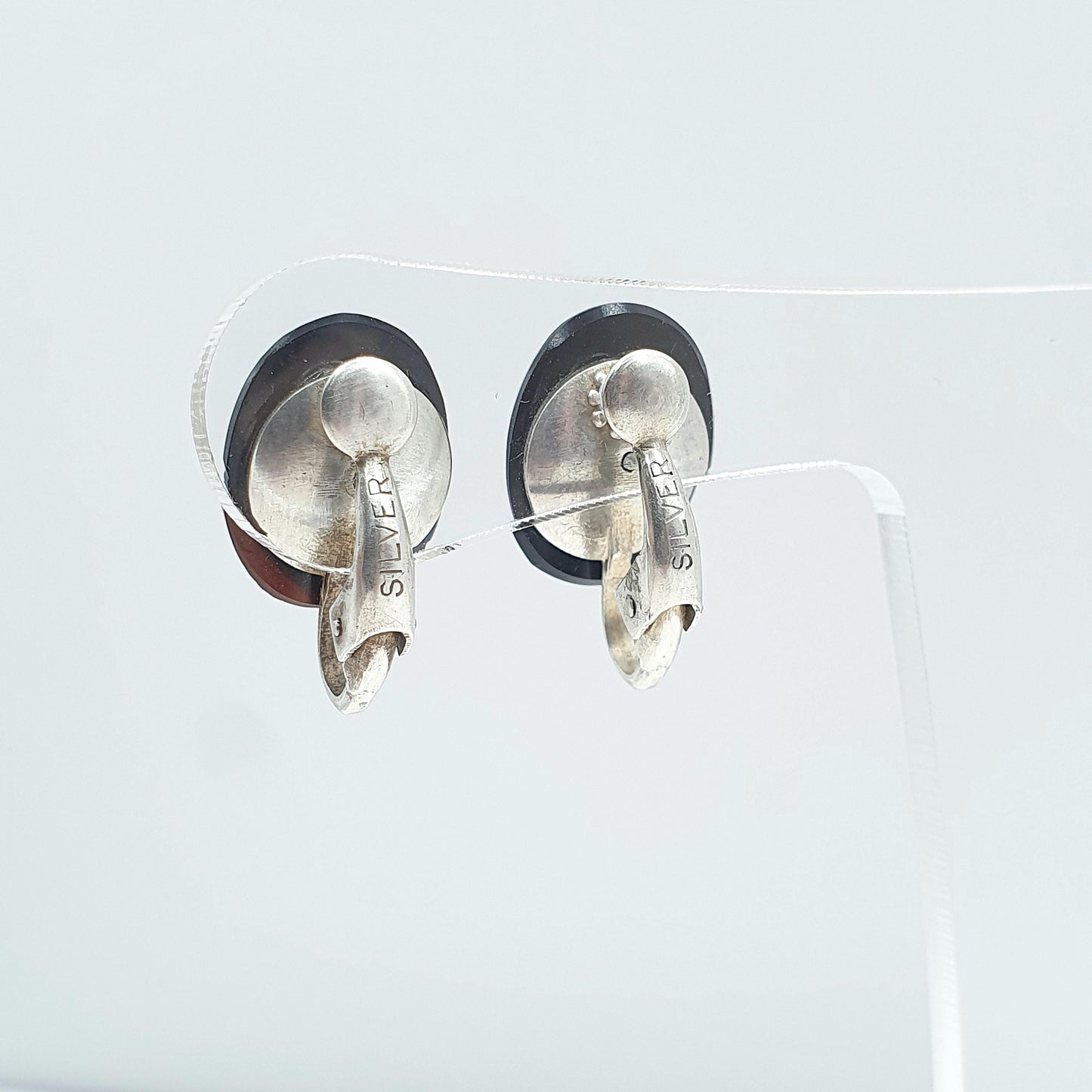 Antique Victorian Solid Silver Diamond Paste Bullseye Agate Earrings Genuine Gemstone Clip On Jewelry Jewellery Unisex Womens