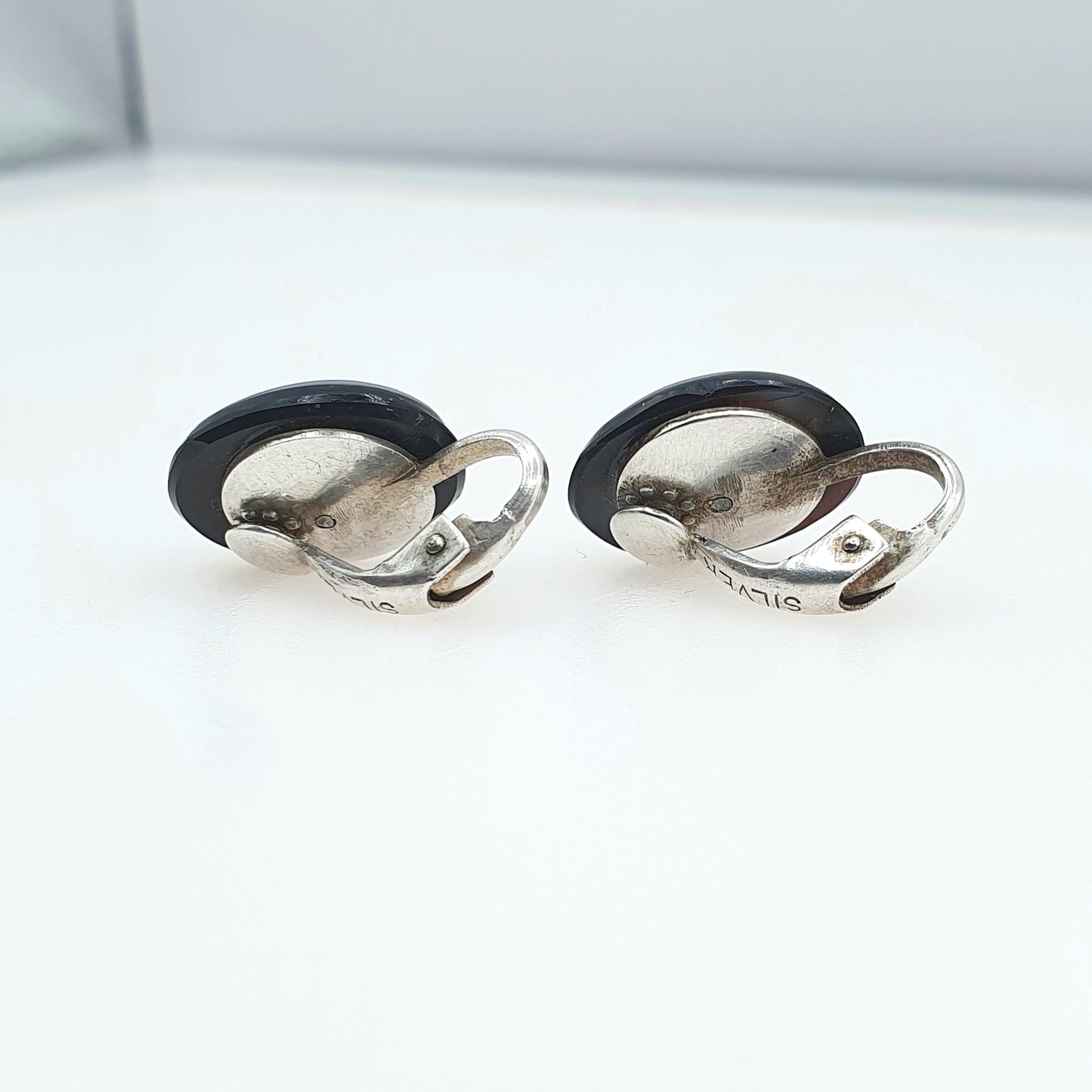 Antique Victorian Solid Silver Diamond Paste Bullseye Agate Earrings Genuine Gemstone Clip On Jewelry Jewellery Unisex Womens