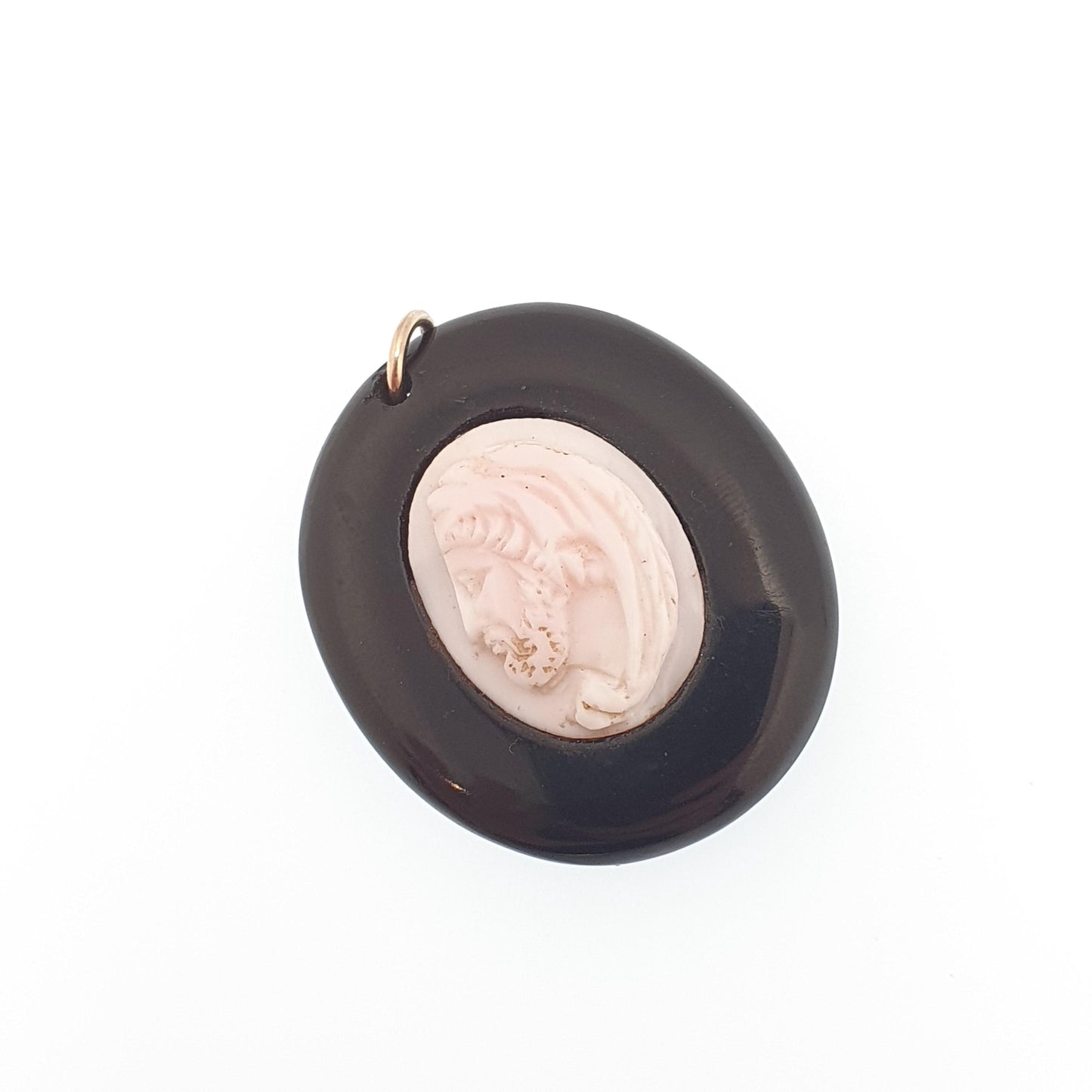 Antique Victorian Whitby Jet Cameo Pendant Necklace Pink Conch Shell Oval Hand Carved Mourning Vintage Jewelry Jewellery