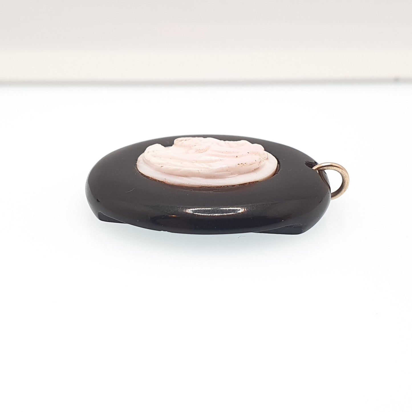 Antique Victorian Whitby Jet Cameo Pendant Necklace Pink Conch Shell Oval Hand Carved Mourning Vintage Jewelry Jewellery