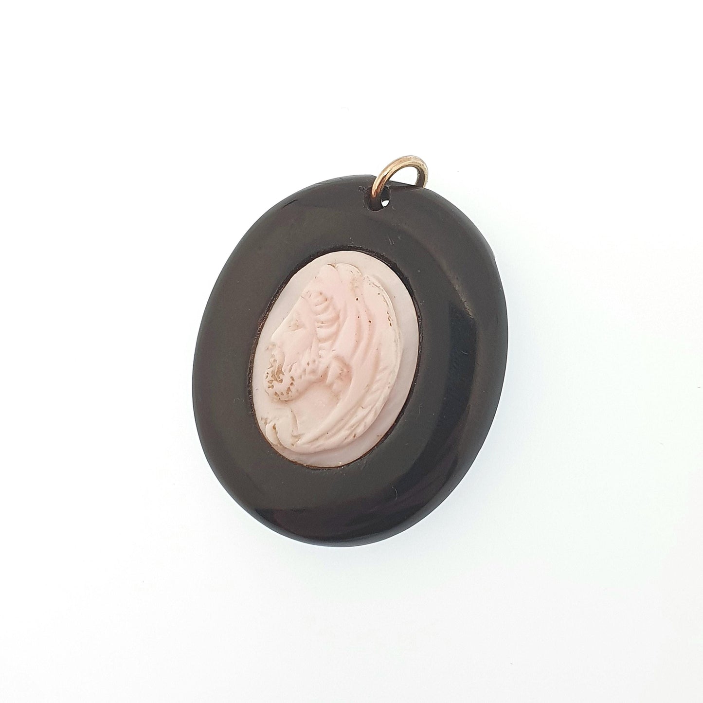 Antique Victorian Whitby Jet Cameo Pendant Necklace Pink Conch Shell Oval Hand Carved Mourning Vintage Jewelry Jewellery