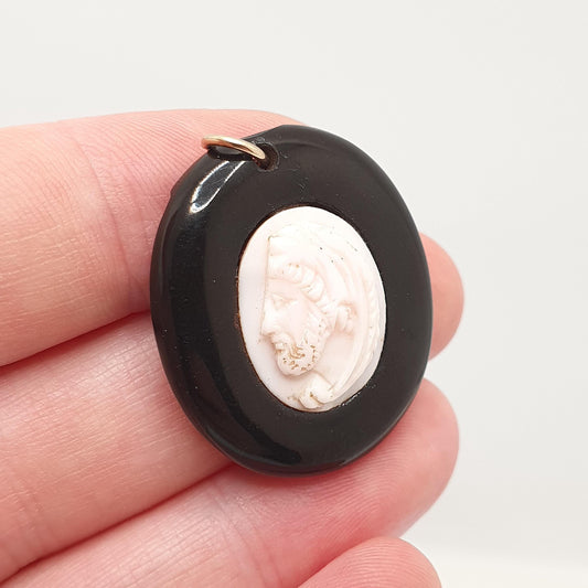 Antique Victorian Whitby Jet Cameo Pendant Necklace Pink Conch Shell Oval Hand Carved Mourning Vintage Jewelry Jewellery