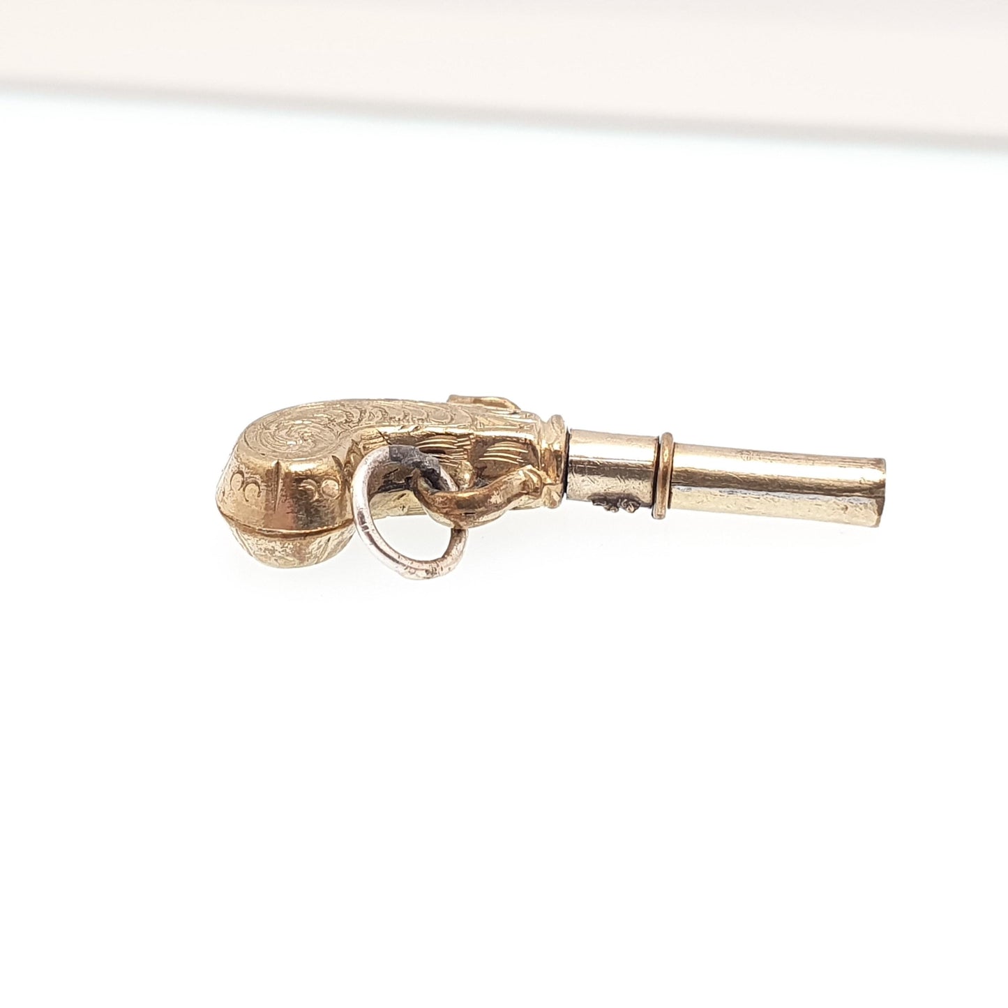 Antique Victorian Flintlock Pistol Pocket Watch Key Fob Pendant Necklace Gold Tone Base Metal Vintage Jewellery Jewelry