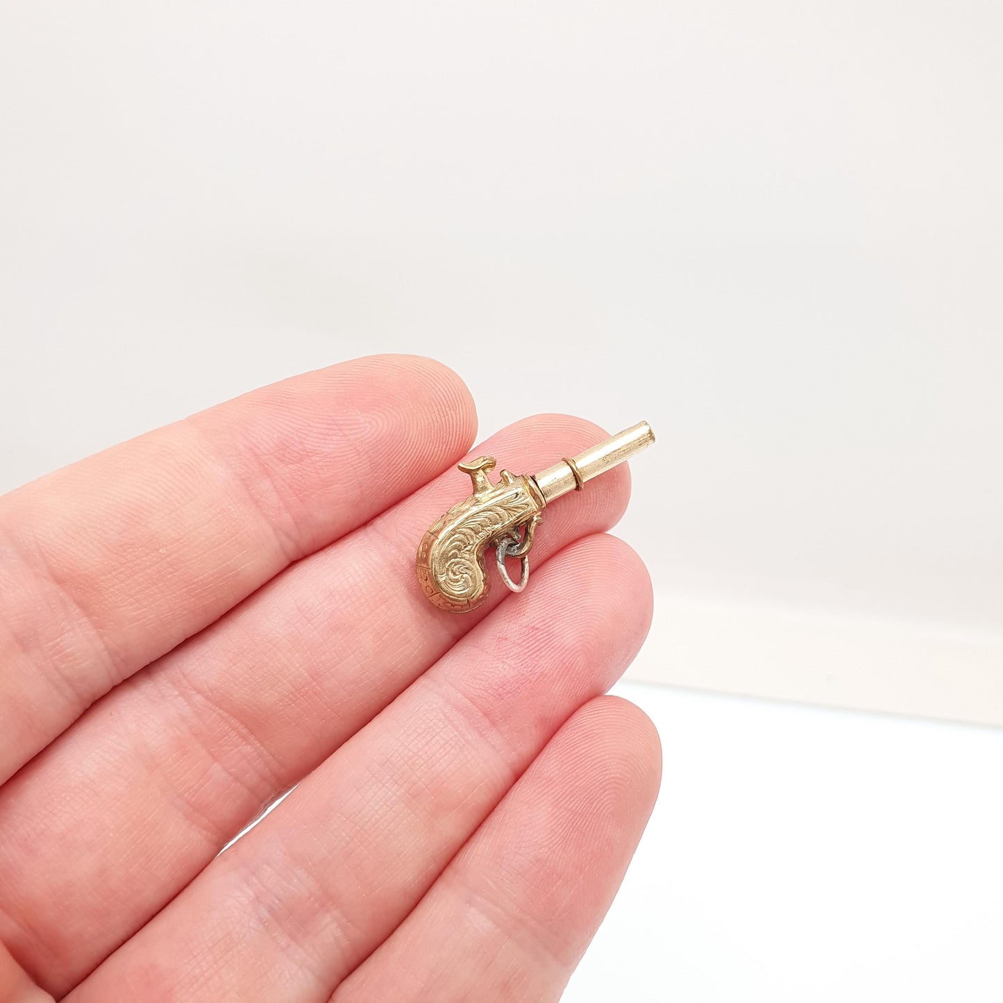 Antique Victorian Flintlock Pistol Pocket Watch Key Fob Pendant Necklace Gold Tone Base Metal Vintage Jewellery Jewelry