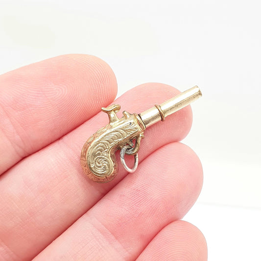 Antique Victorian Flintlock Pistol Pocket Watch Key Fob Pendant Necklace Gold Tone Base Metal Vintage Jewellery Jewelry