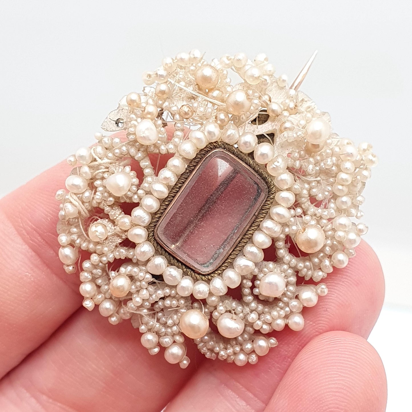 Antique Georgian 9ct Gold Seed Pearl Brooch Mourning Locket Cluster Pin Mother of Pearl Natural Pearls Woven Handmade Jewellery Jewelry