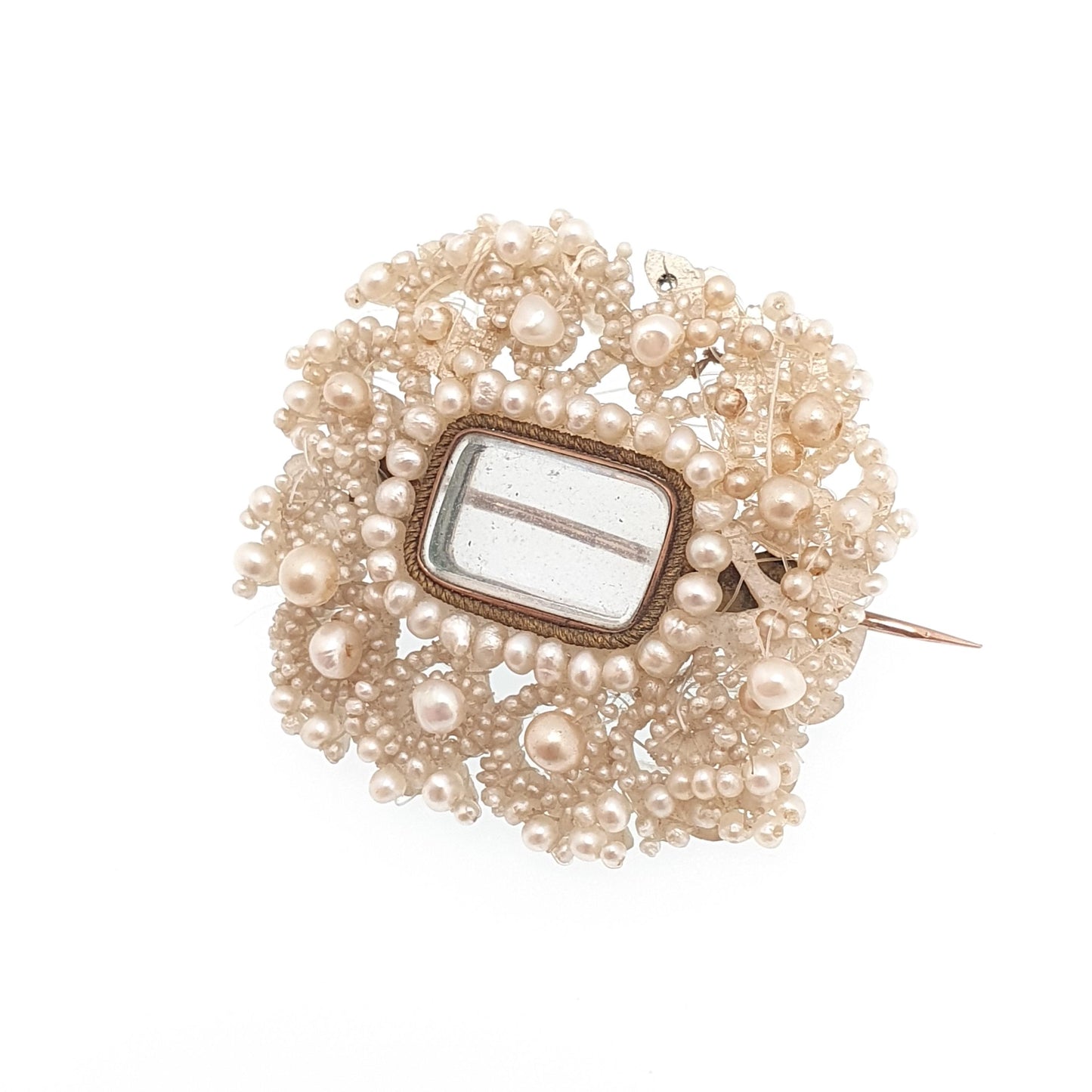 Antique Georgian 9ct Gold Seed Pearl Brooch Mourning Locket Cluster Pin Mother of Pearl Natural Pearls Woven Handmade Jewellery Jewelry