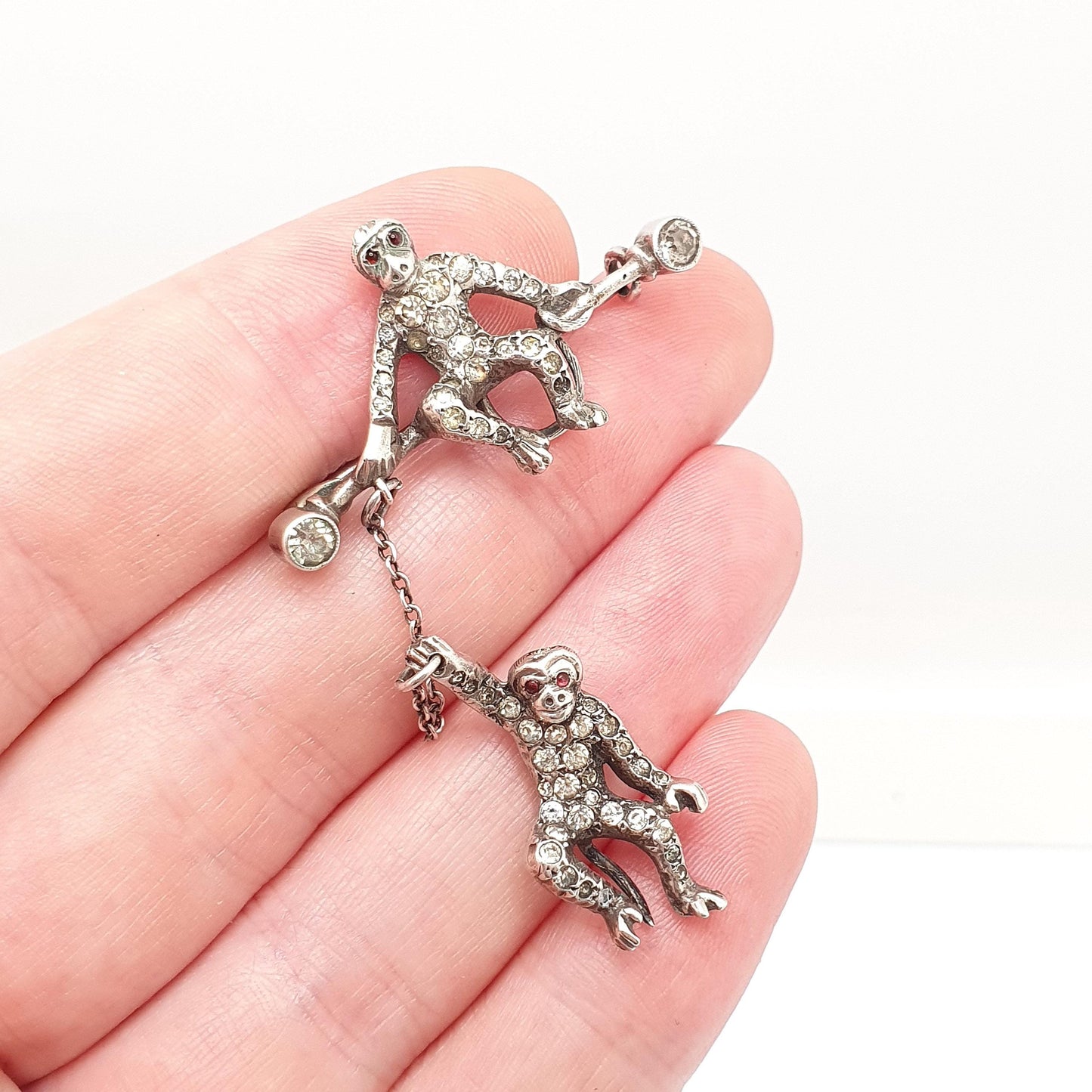 Antique Solid Silver Hanging Monkey Brooch Pin Diamond Paste Victorian Double Pair Monkeys Vintage Jewelry Jewellery