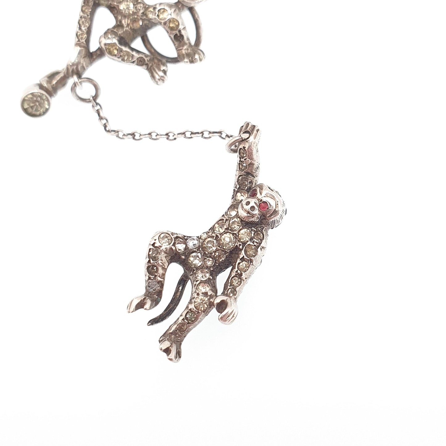 Antique Solid Silver Hanging Monkey Brooch Pin Diamond Paste Victorian Double Pair Monkeys Vintage Jewelry Jewellery