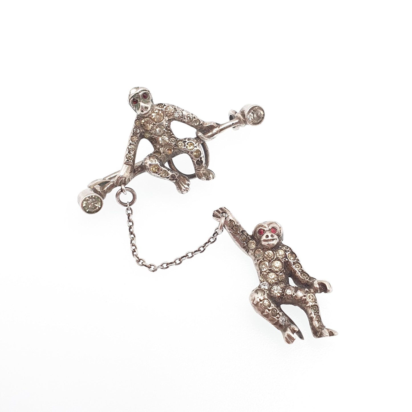 Antique Solid Silver Hanging Monkey Brooch Pin Diamond Paste Victorian Double Pair Monkeys Vintage Jewelry Jewellery