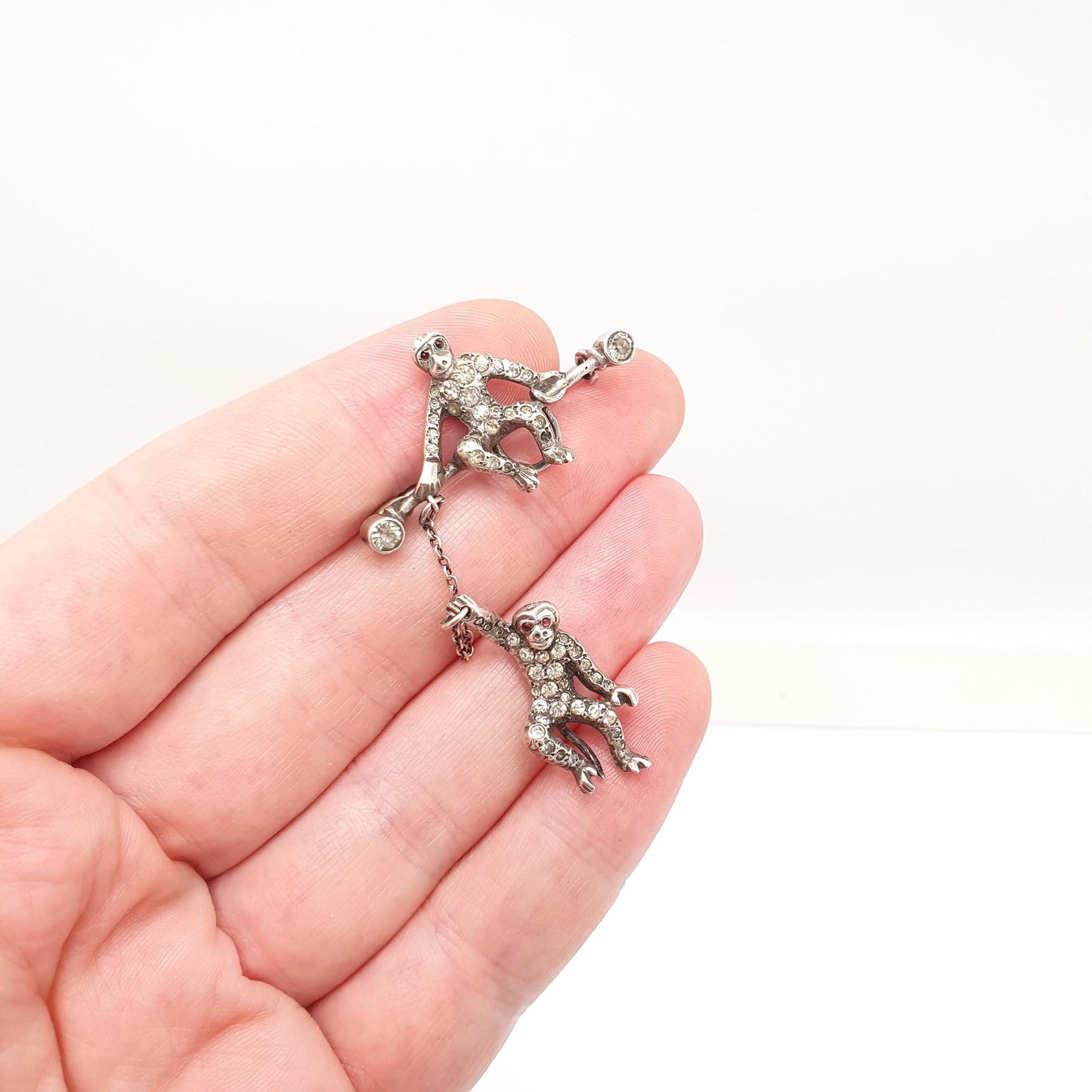 Antique Solid Silver Hanging Monkey Brooch Pin Diamond Paste Victorian Double Pair Monkeys Vintage Jewelry Jewellery