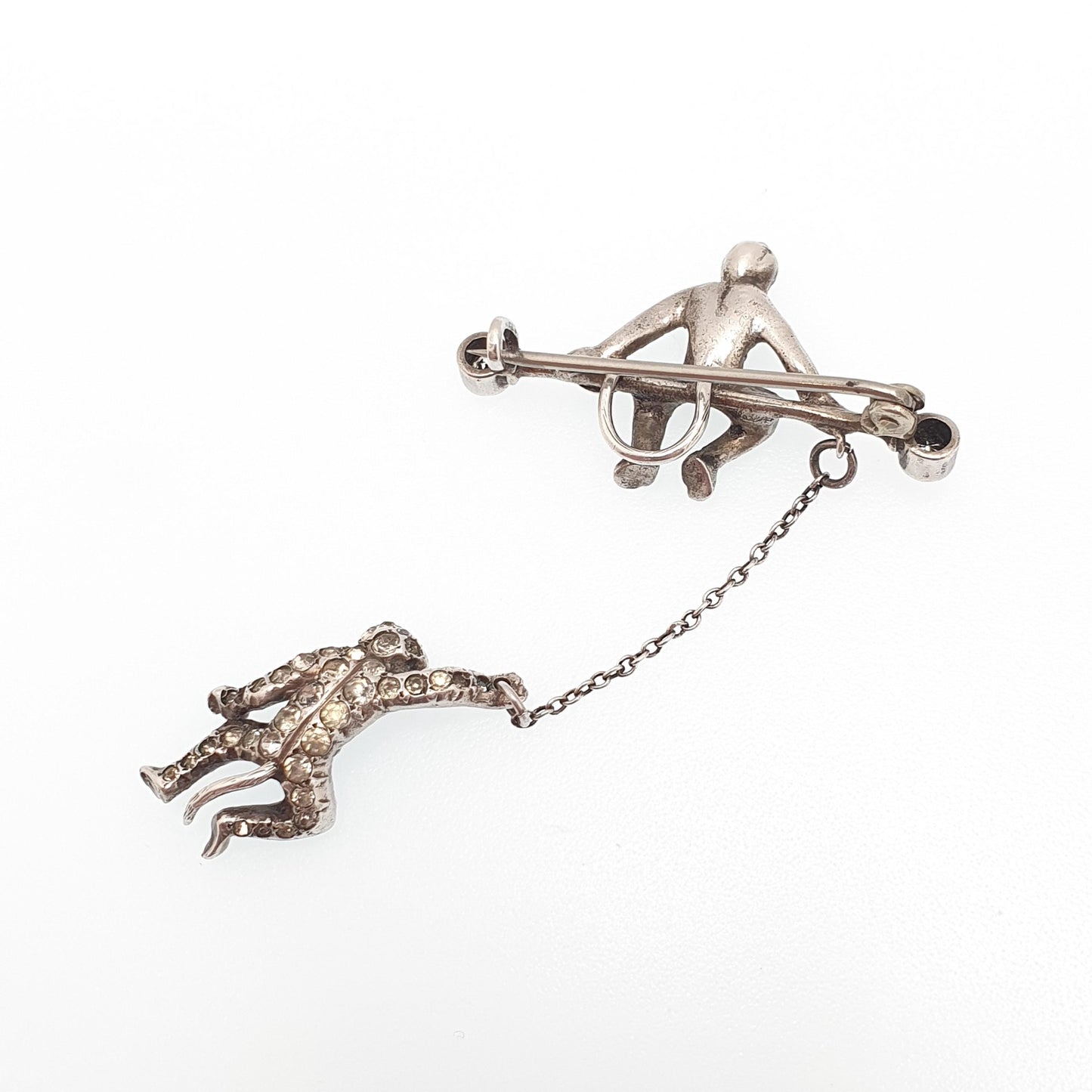 Antique Solid Silver Hanging Monkey Brooch Pin Diamond Paste Victorian Double Pair Monkeys Vintage Jewelry Jewellery