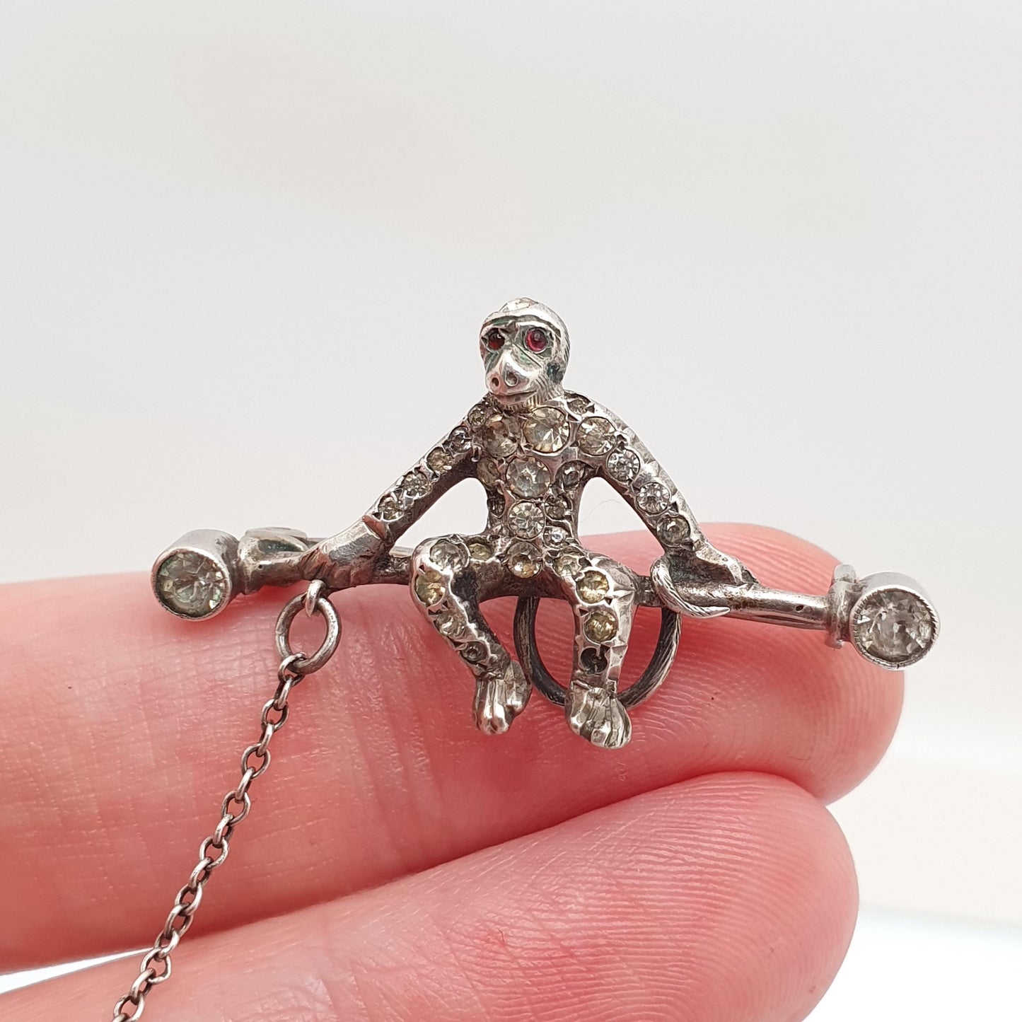 Antique Solid Silver Hanging Monkey Brooch Pin Diamond Paste Victorian Double Pair Monkeys Vintage Jewelry Jewellery