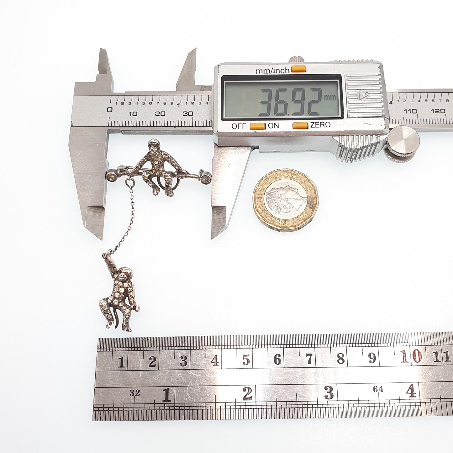 Antique Solid Silver Hanging Monkey Brooch Pin Diamond Paste Victorian Double Pair Monkeys Vintage Jewelry Jewellery