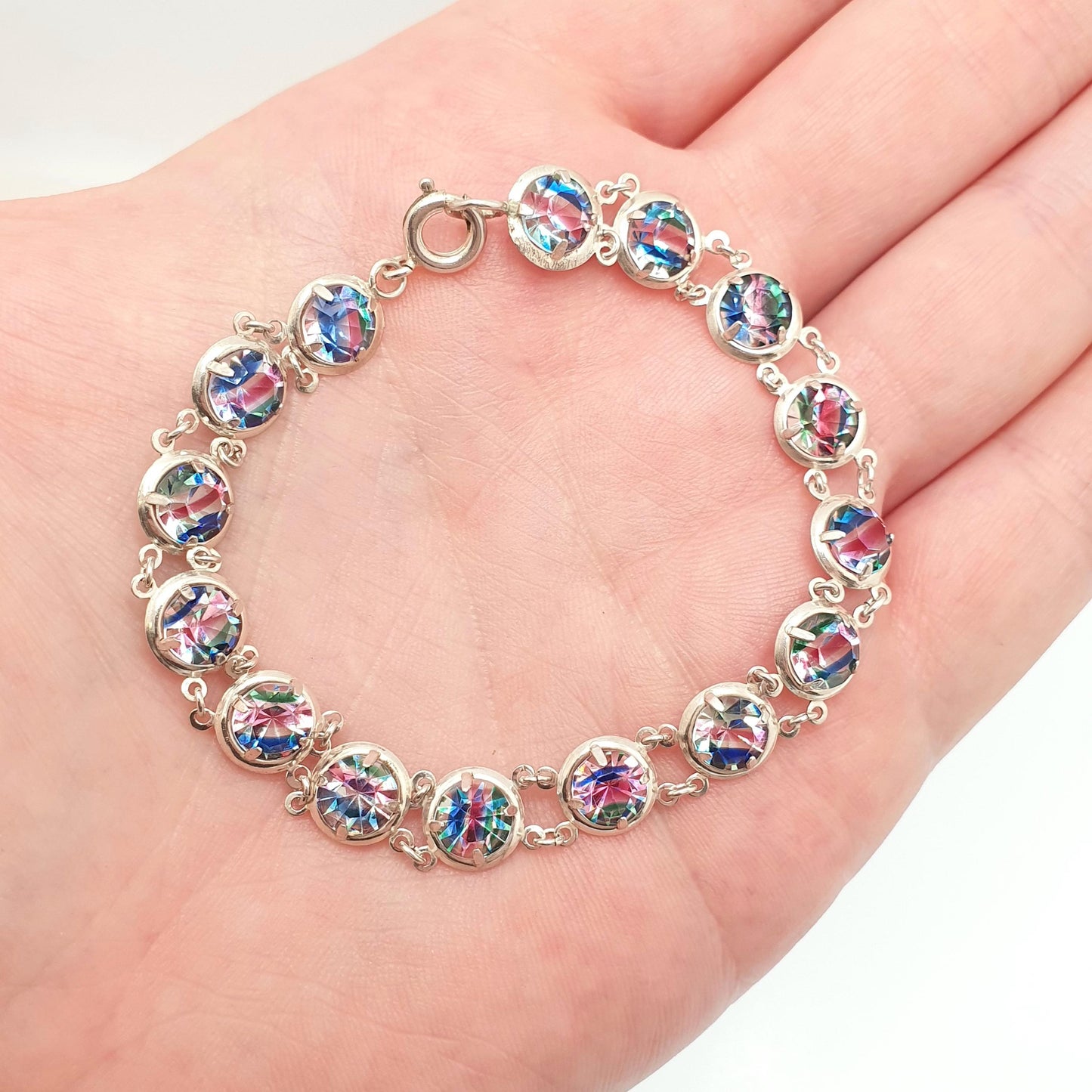 Antique Solid Silver Iris Rainbow Glass Bracelet Tutti Frutti Art Deco 1920s Vintage Multi Coloured Paste Womens Jewelry Jewelry