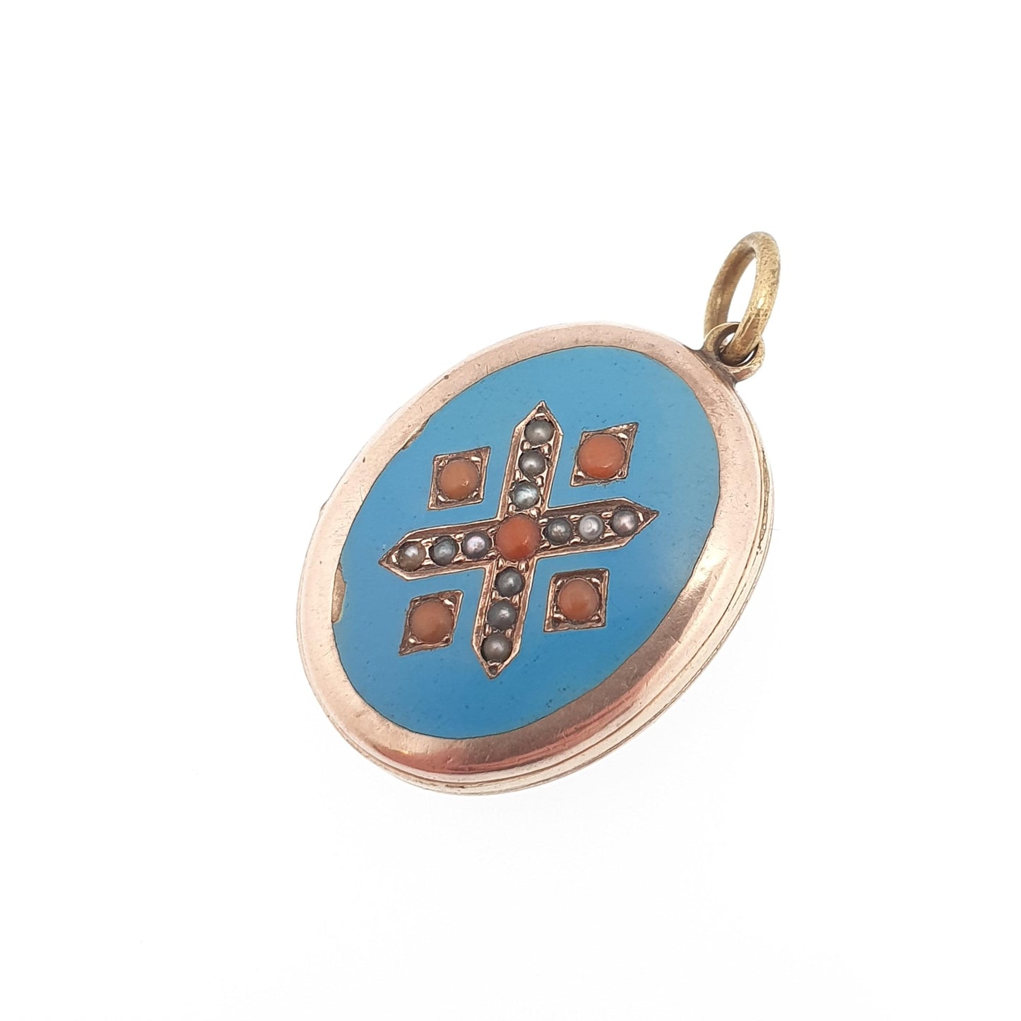 Antique 9ct Gold Coral & Seed Pearl Locket Back and Front Sky Blue Enamel Victorian Necklace Pendant 9k 9kt