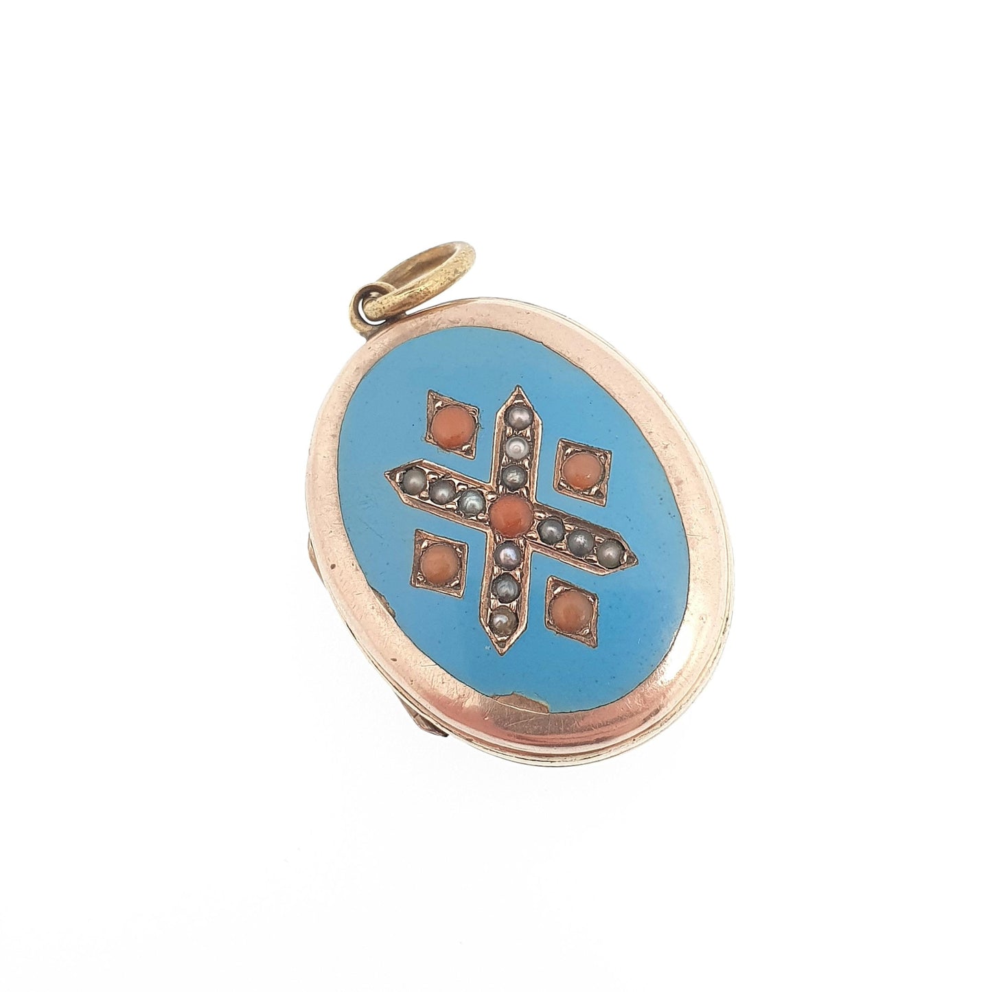 Antique 9ct Gold Coral & Seed Pearl Locket Back and Front Sky Blue Enamel Victorian Necklace Pendant 9k 9kt