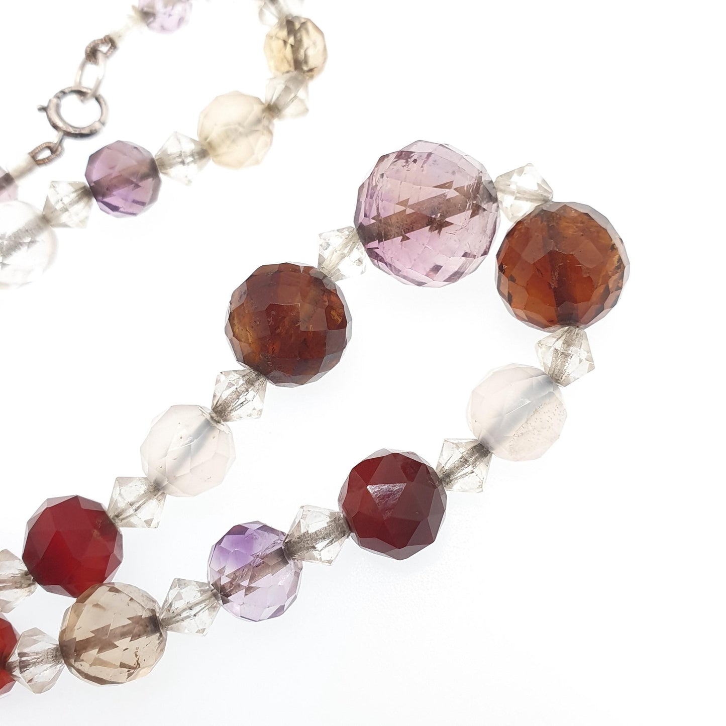 Antique Solid Silver Multi Gemstone Bead Necklace Choker Art Deco Faceted Citrine Amethyst Agate Quartz Vintage