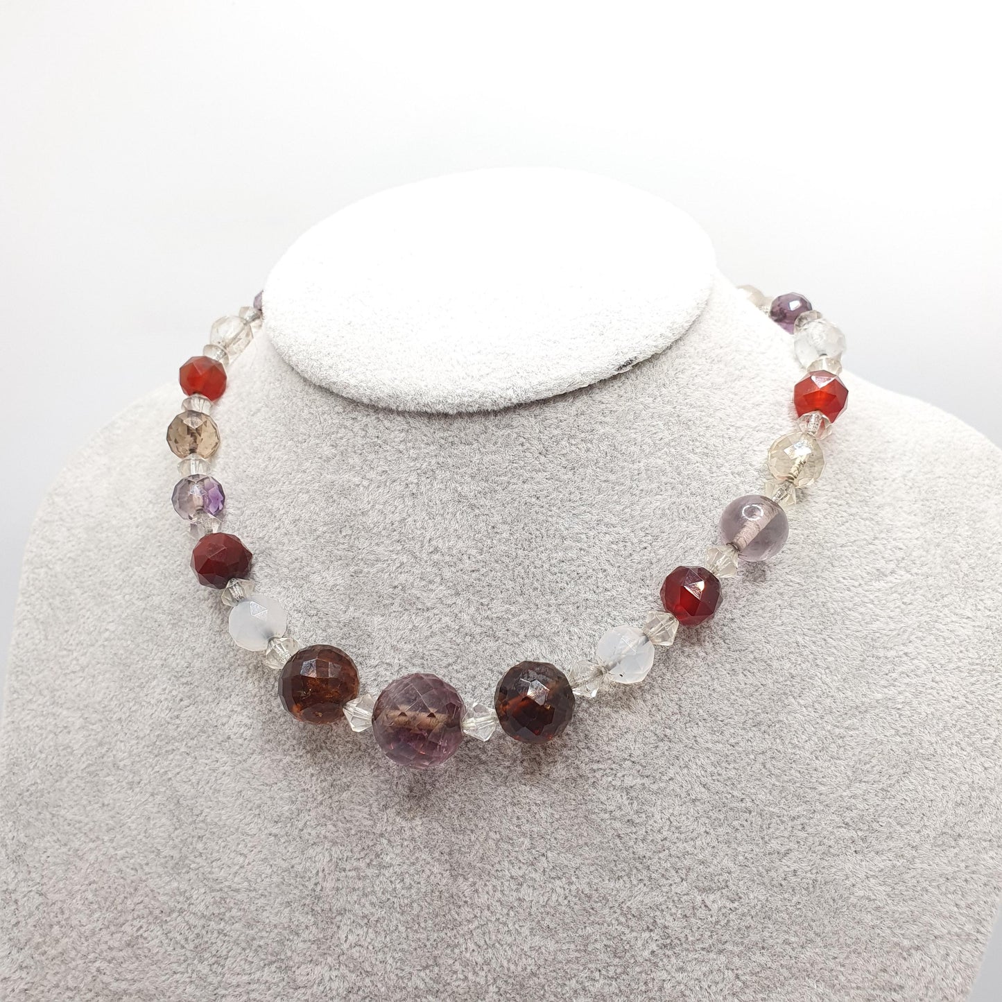 Antique Solid Silver Multi Gemstone Bead Necklace Choker Art Deco Faceted Citrine Amethyst Agate Quartz Vintage