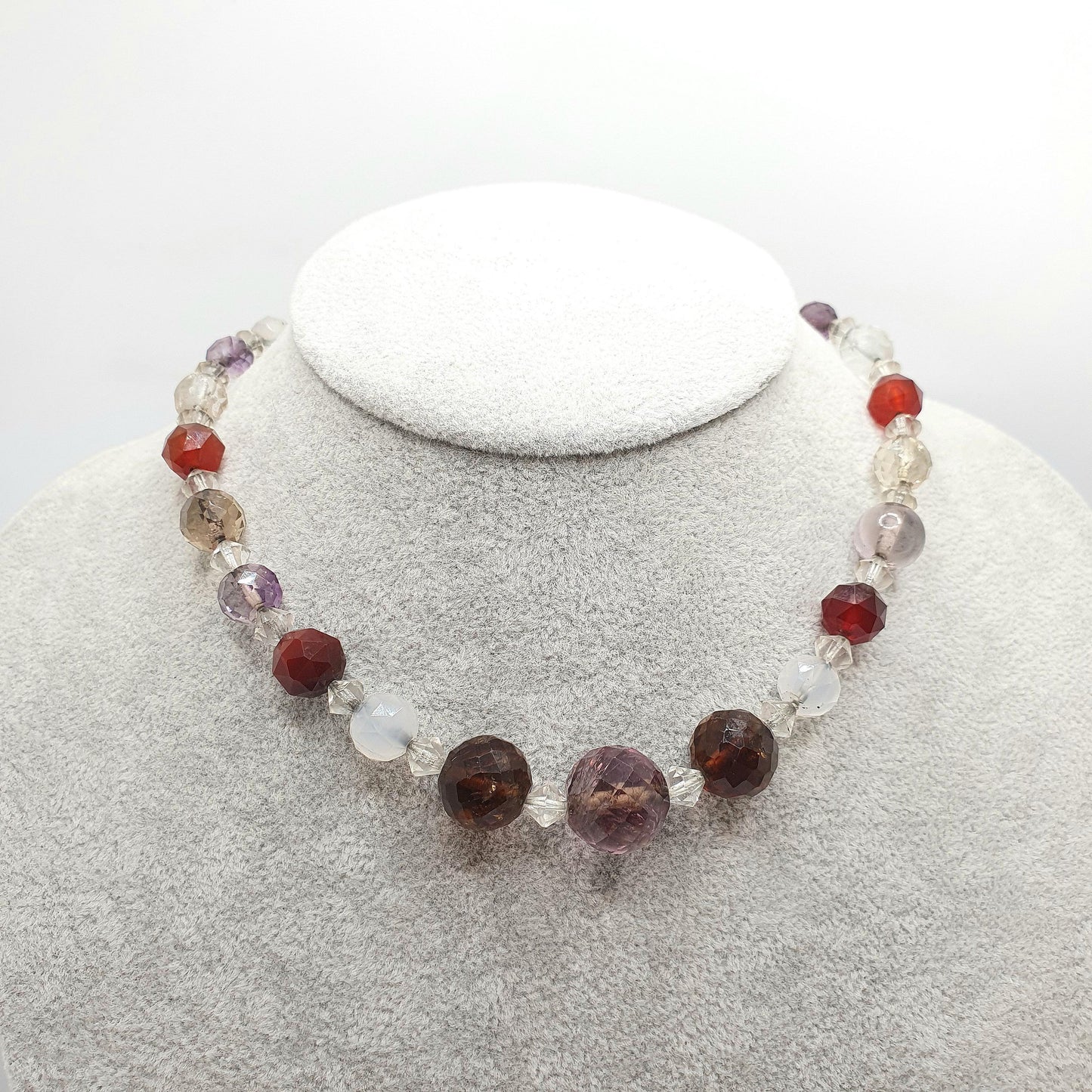 Antique Solid Silver Multi Gemstone Bead Necklace Choker Art Deco Faceted Citrine Amethyst Agate Quartz Vintage