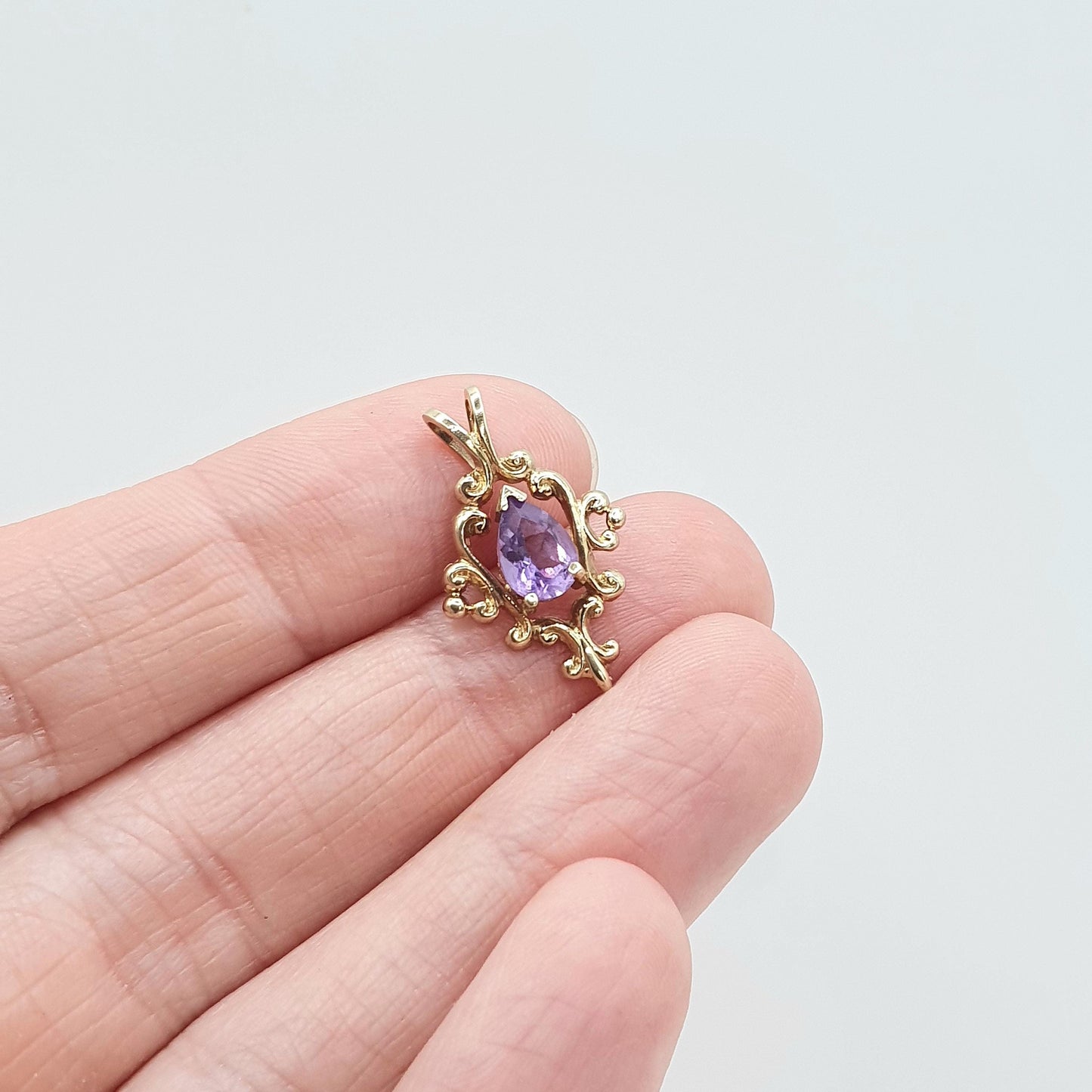 Vintage 9ct Gold Amethyst Pendant Art Nouveau Scroll Style Pear Cut Necklace Womens Jewellery Jewelry Lilac